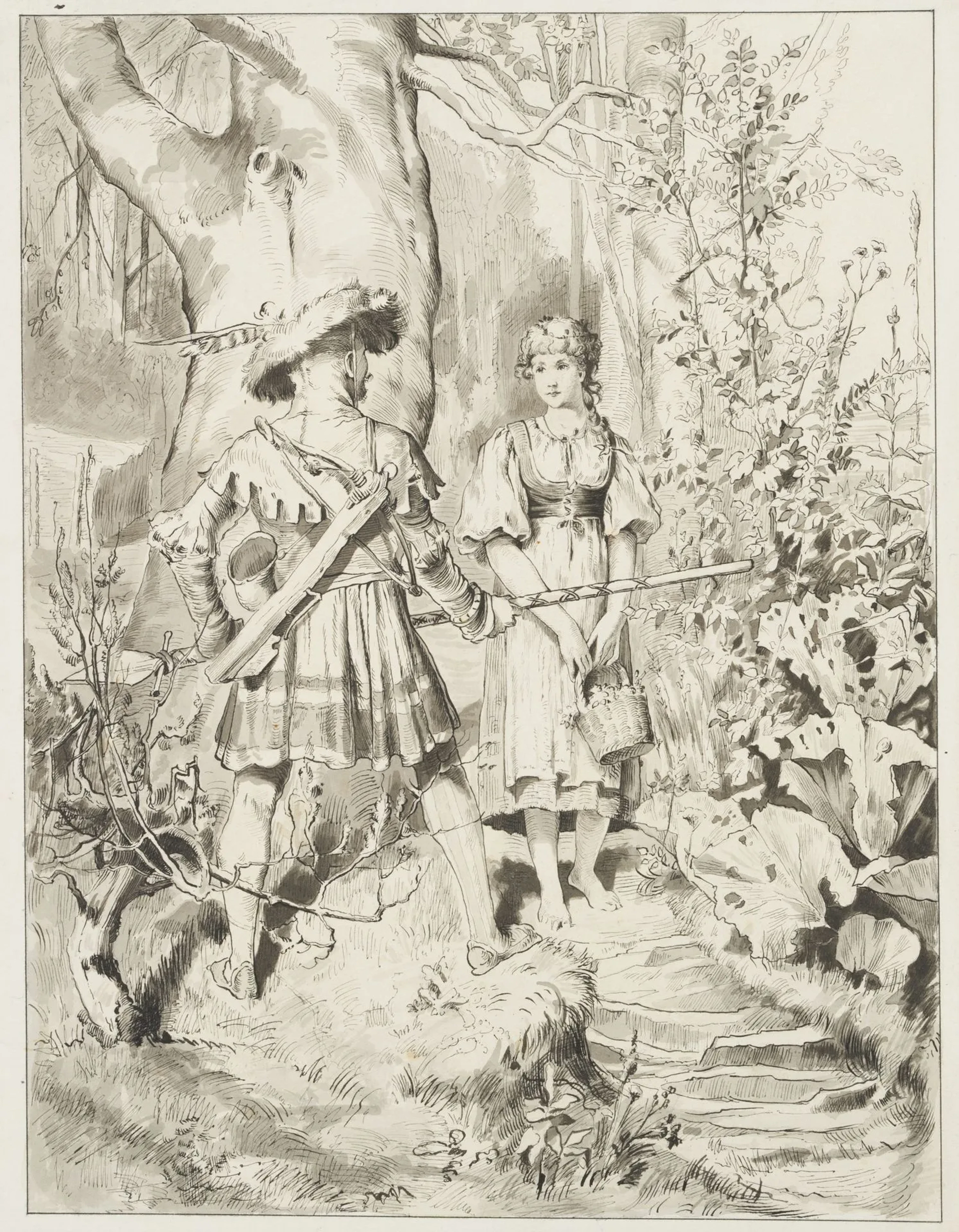 W. CLAUDIUS (1854–1942), A Girl and a Hunter in the Woods, Pen Drawing