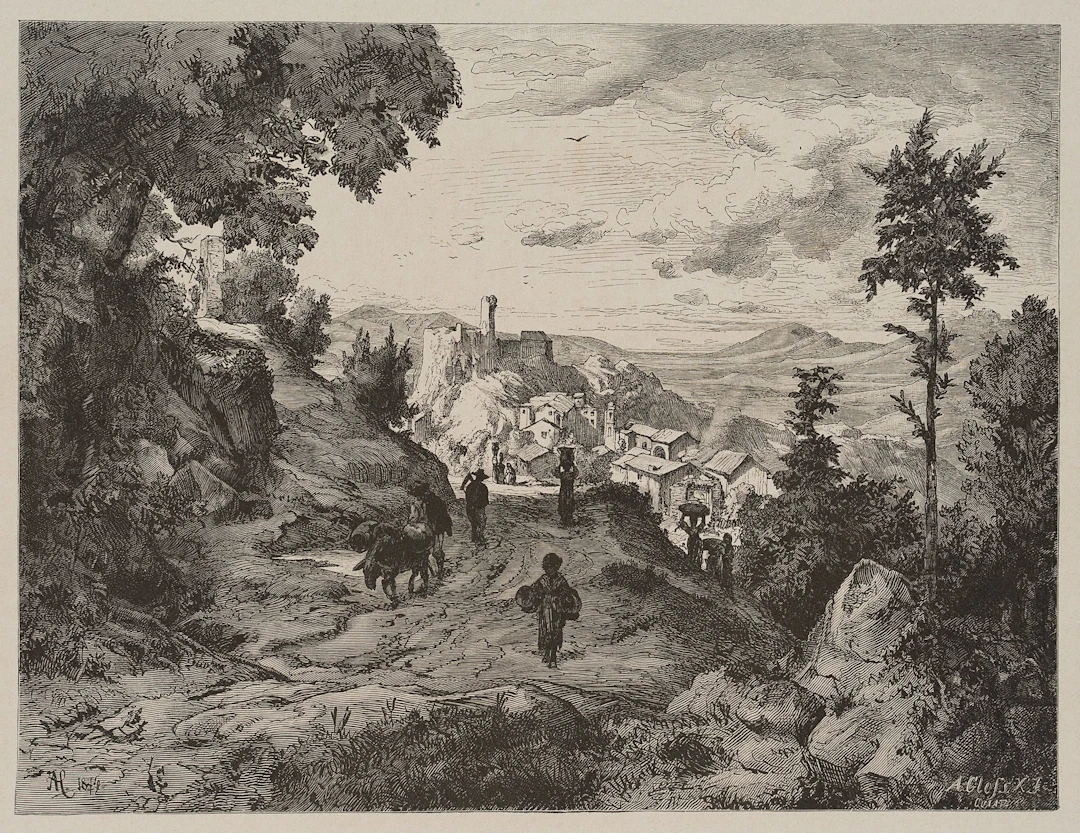 A. CLOSS (1840–1894), View of Olevano, 1879, Wood engraving Adolf