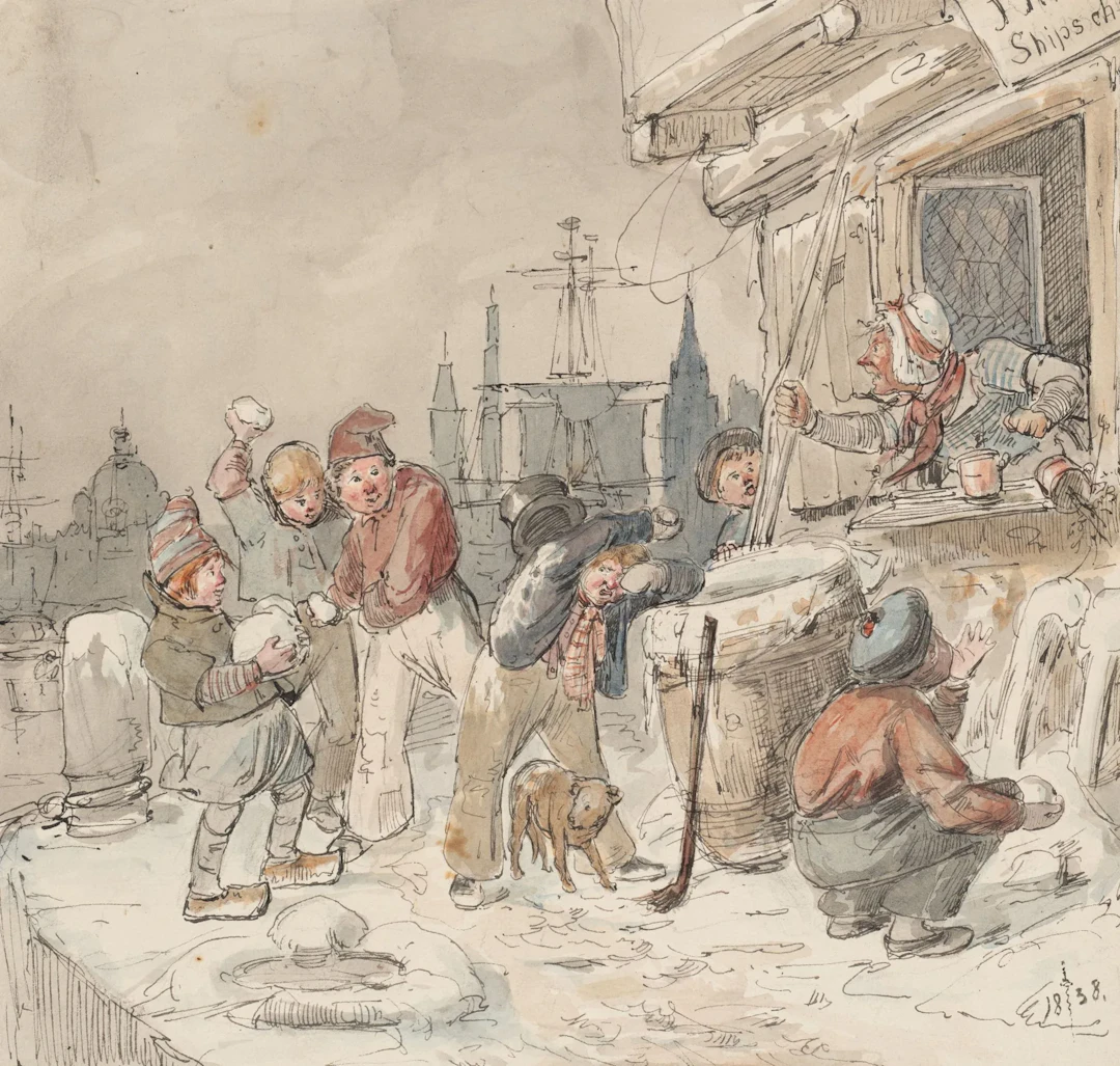 H. RITTER (1816–1853), attributed, *The Snowball Fight*, 1838, watercolor