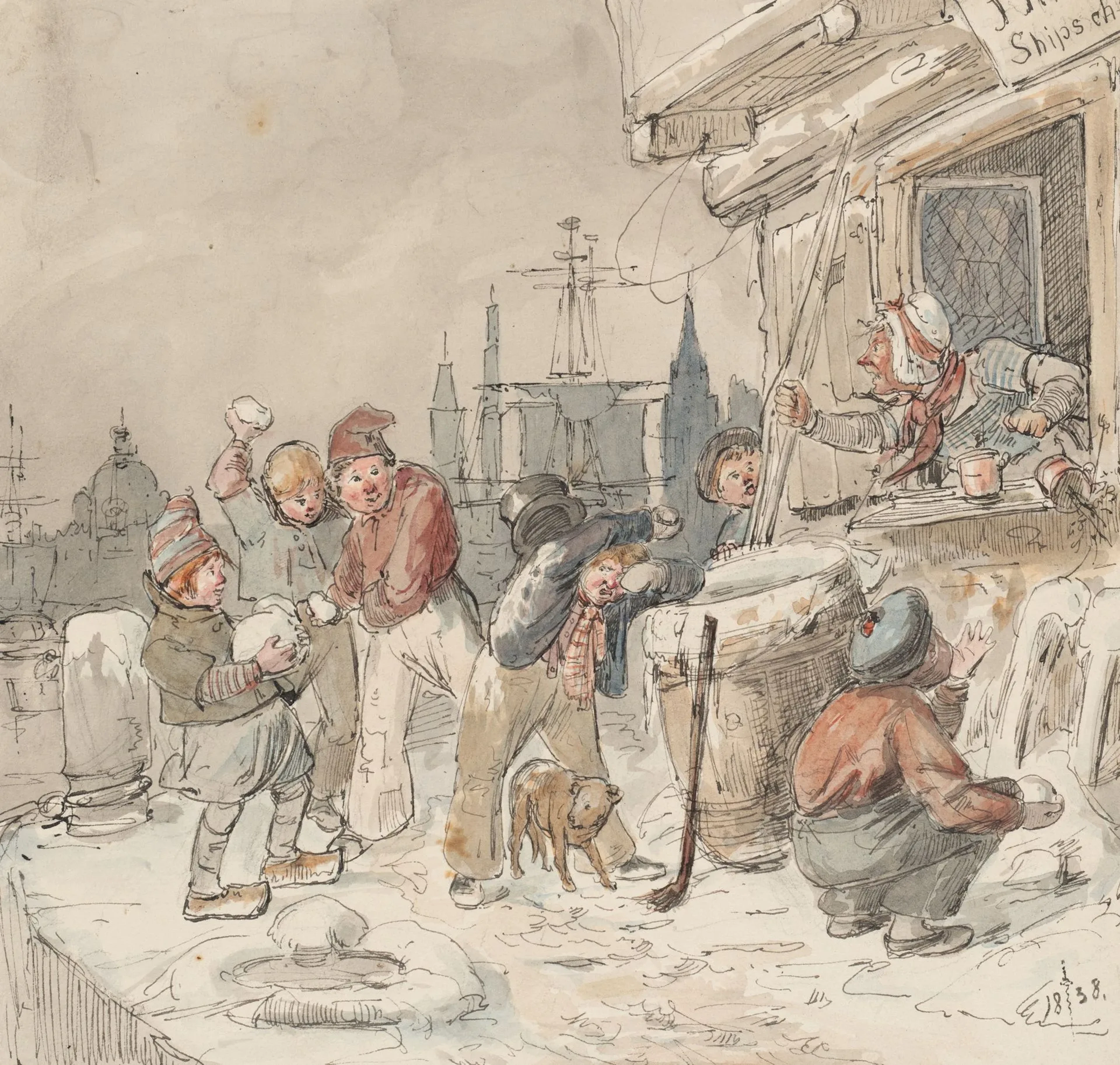 H. RITTER (1816–1853), attributed, *The Snowball Fight*, 1838, watercolor