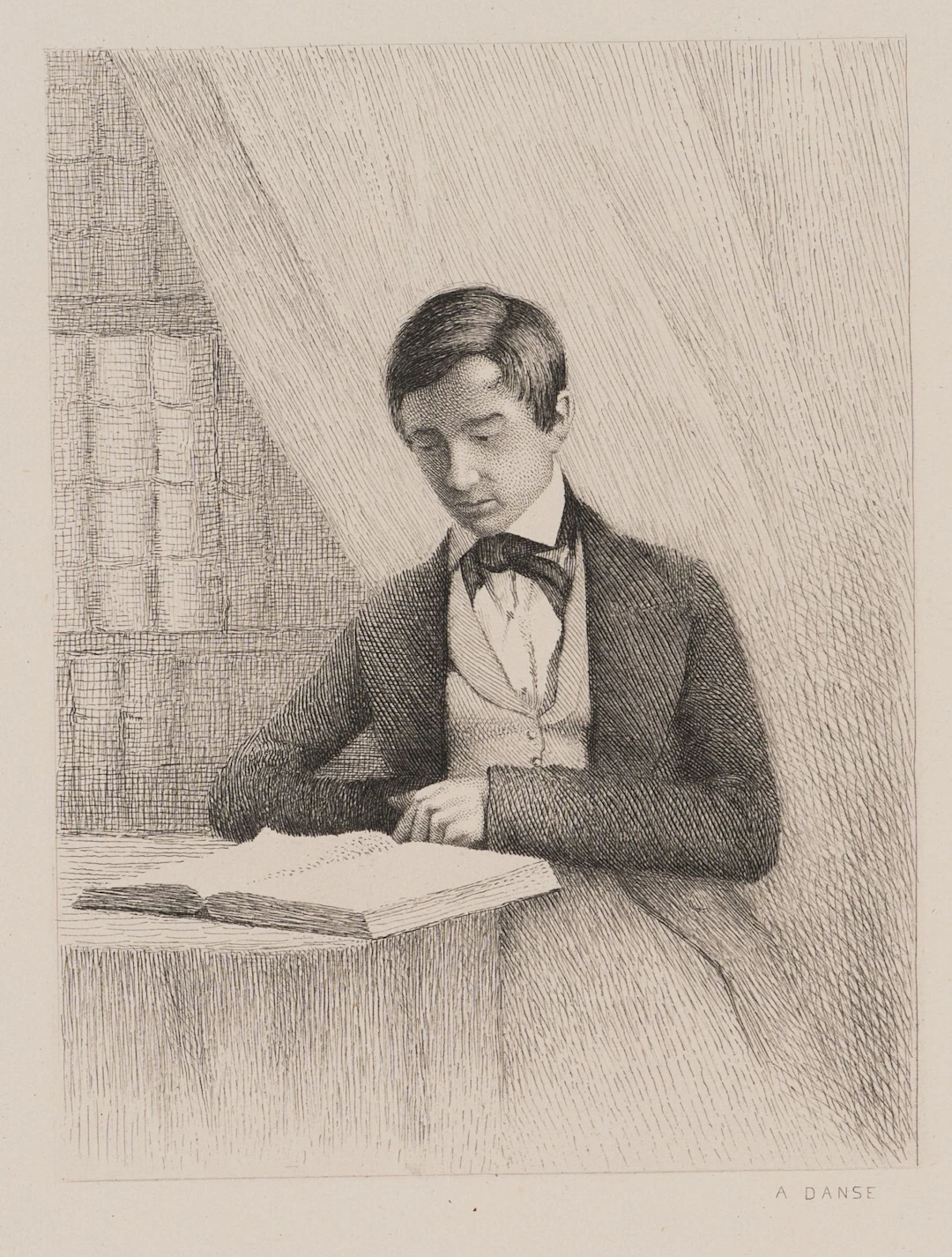 A. DANSE (1829–1929), A Young Man Reading, ca. 1870, Etching Auguste