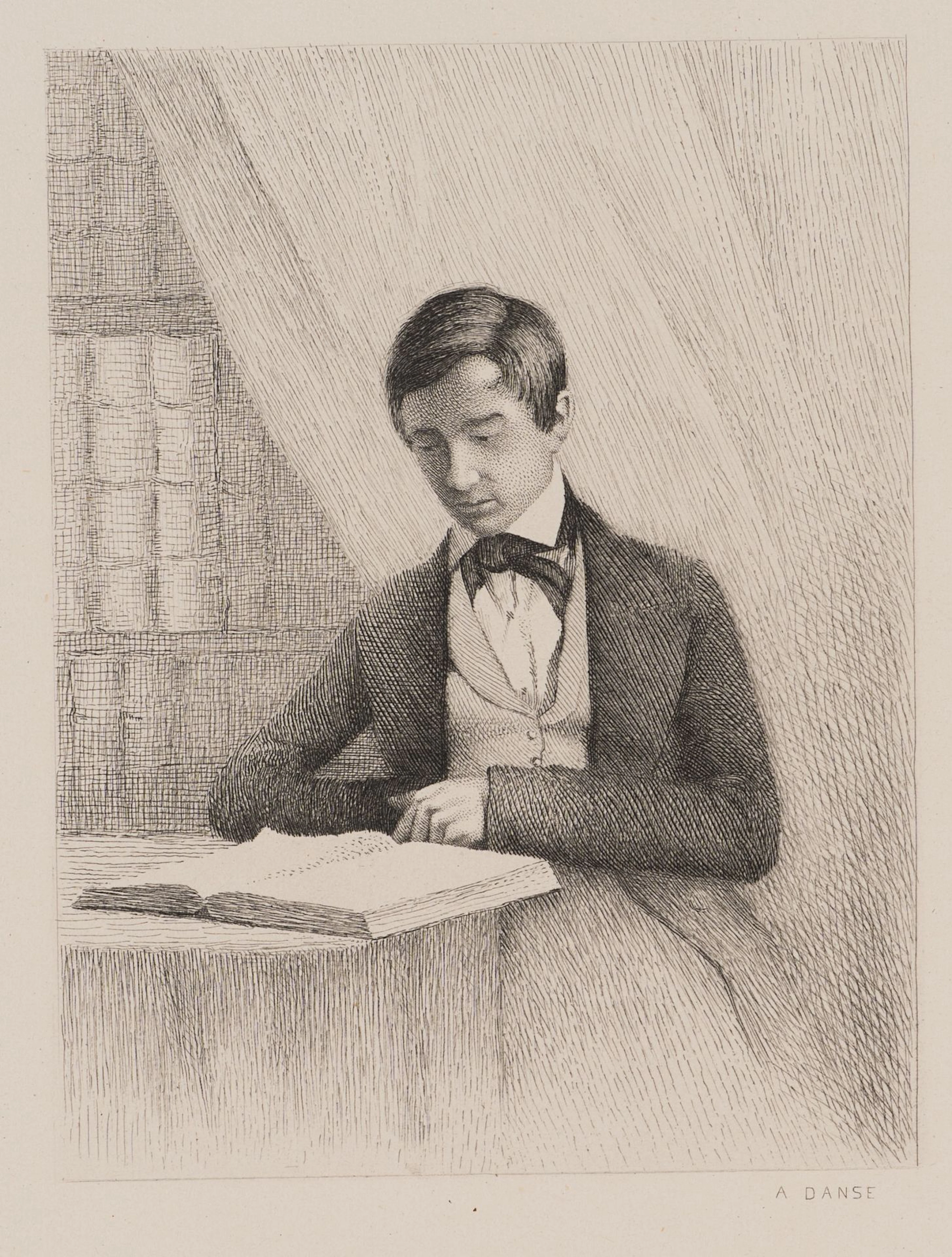 A. DANSE (1829–1929), A Young Man Reading, ca. 1870, Etching Auguste