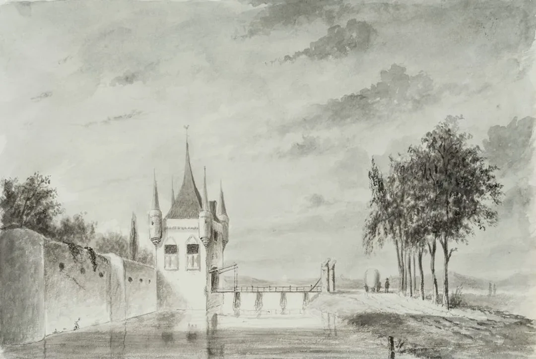 Unknown (19th century), The gate tower of a moated castle, Watercolor