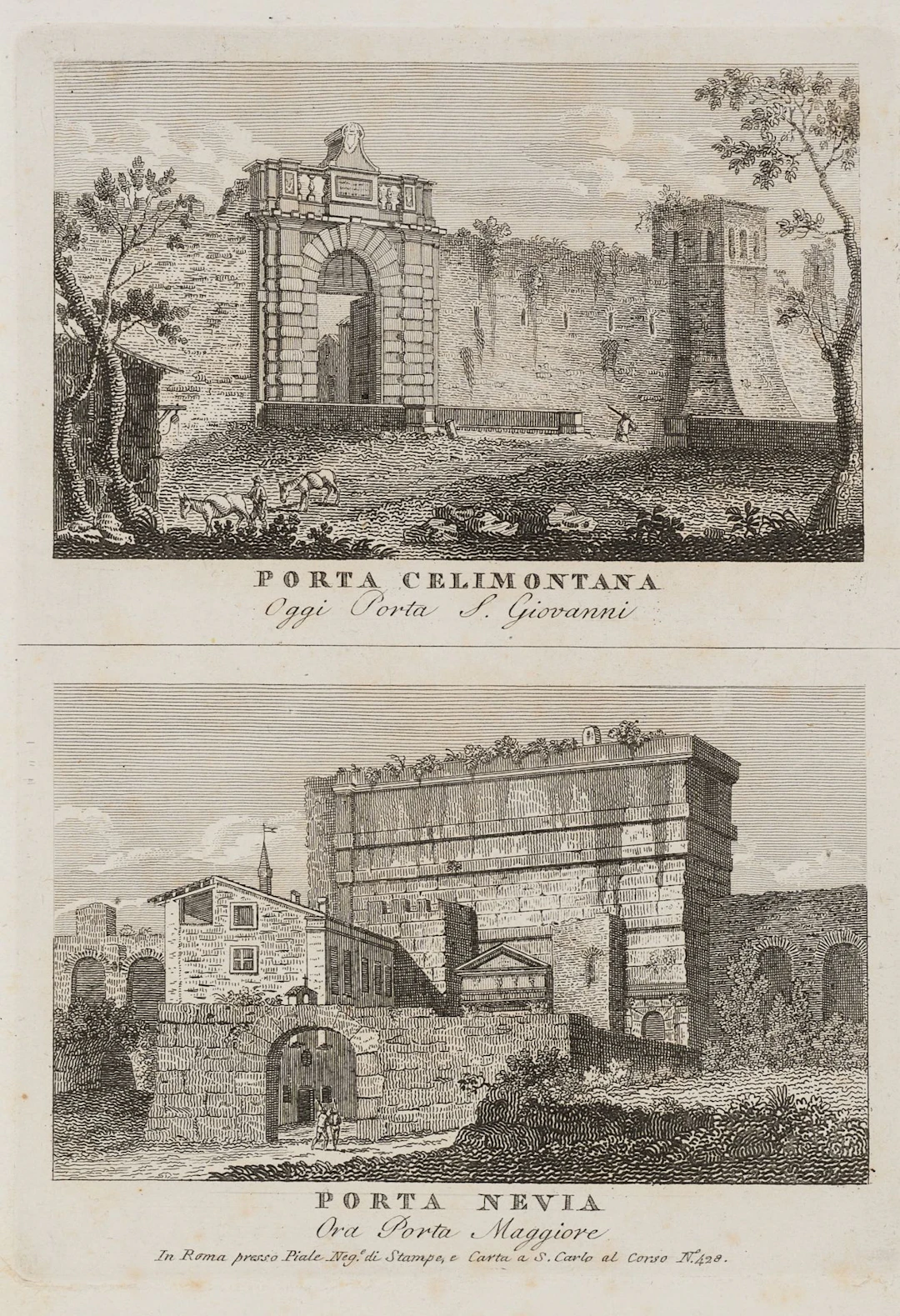 Unknown (19th century), PORTA CELIMONTANA. PORTA NEVIA., Copper engraving