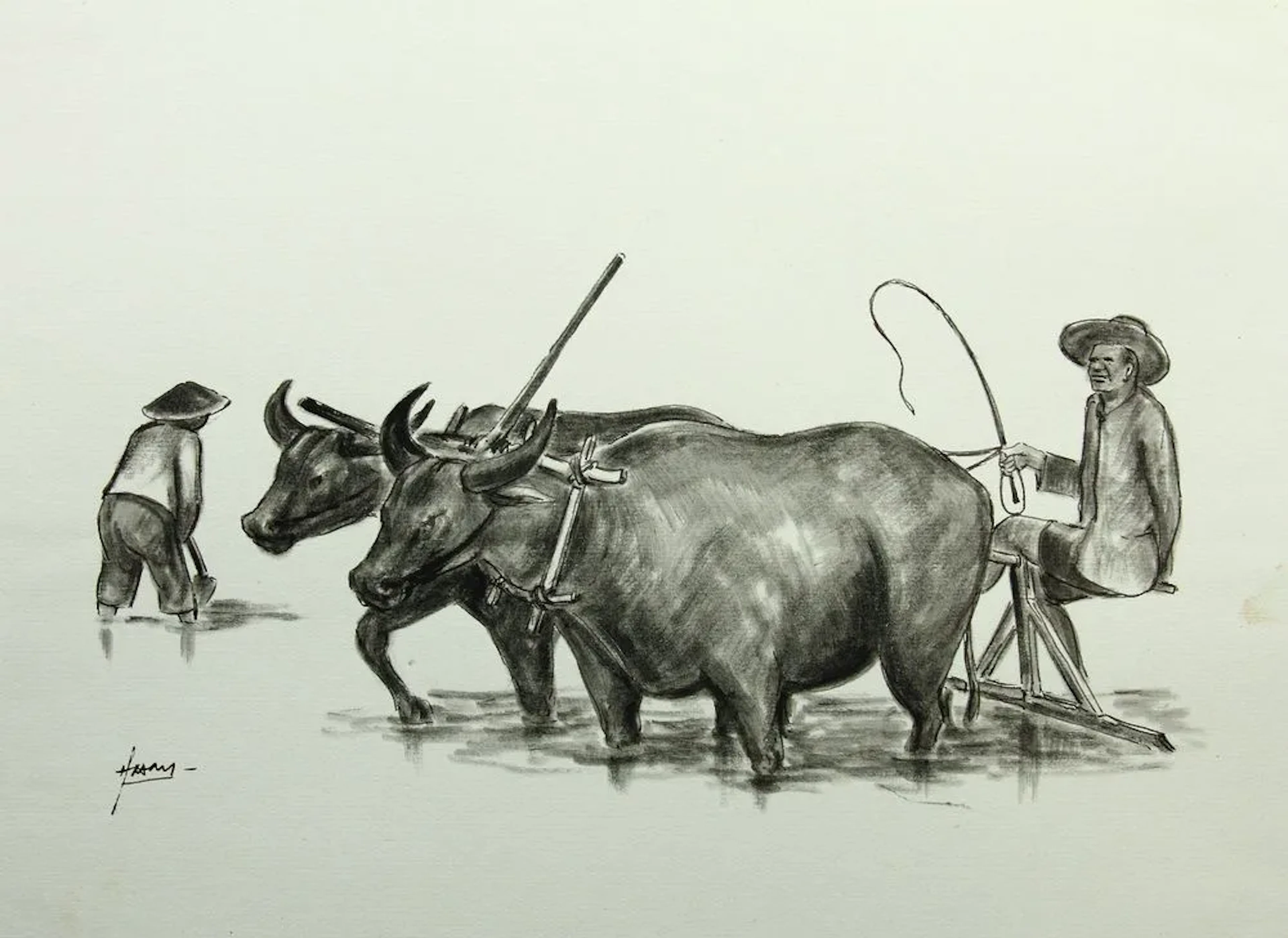 Unknown (20th), Asian rice farmers ploughing, Brush drawing Unknown