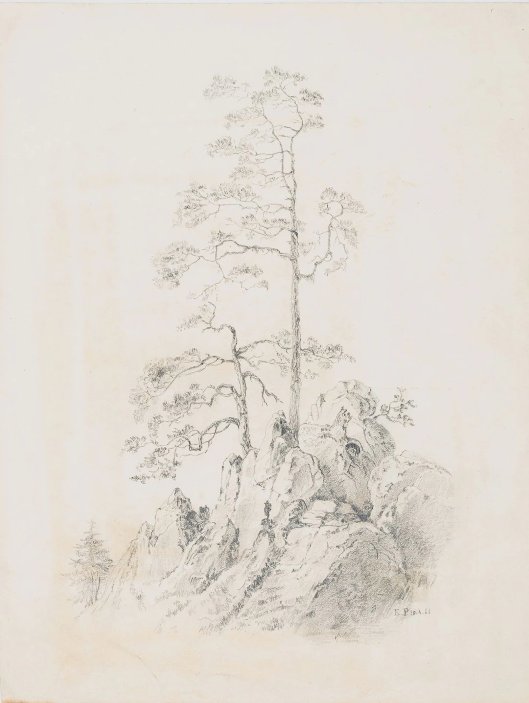 Monogram EP (19th), A mountainous landscape with trees, 1866, pencil