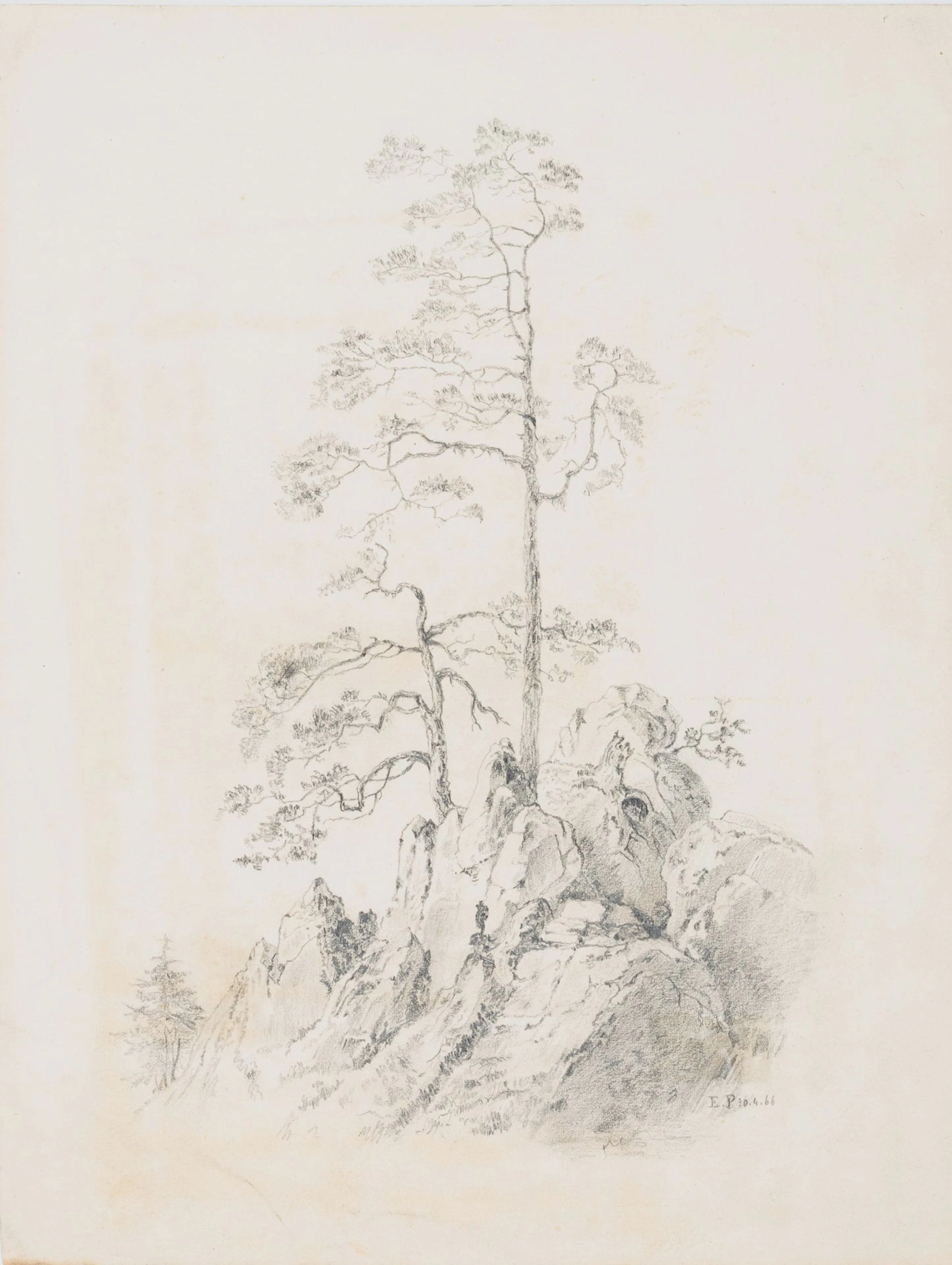 Monogram EP (19th), A mountainous landscape with trees, 1866, pencil