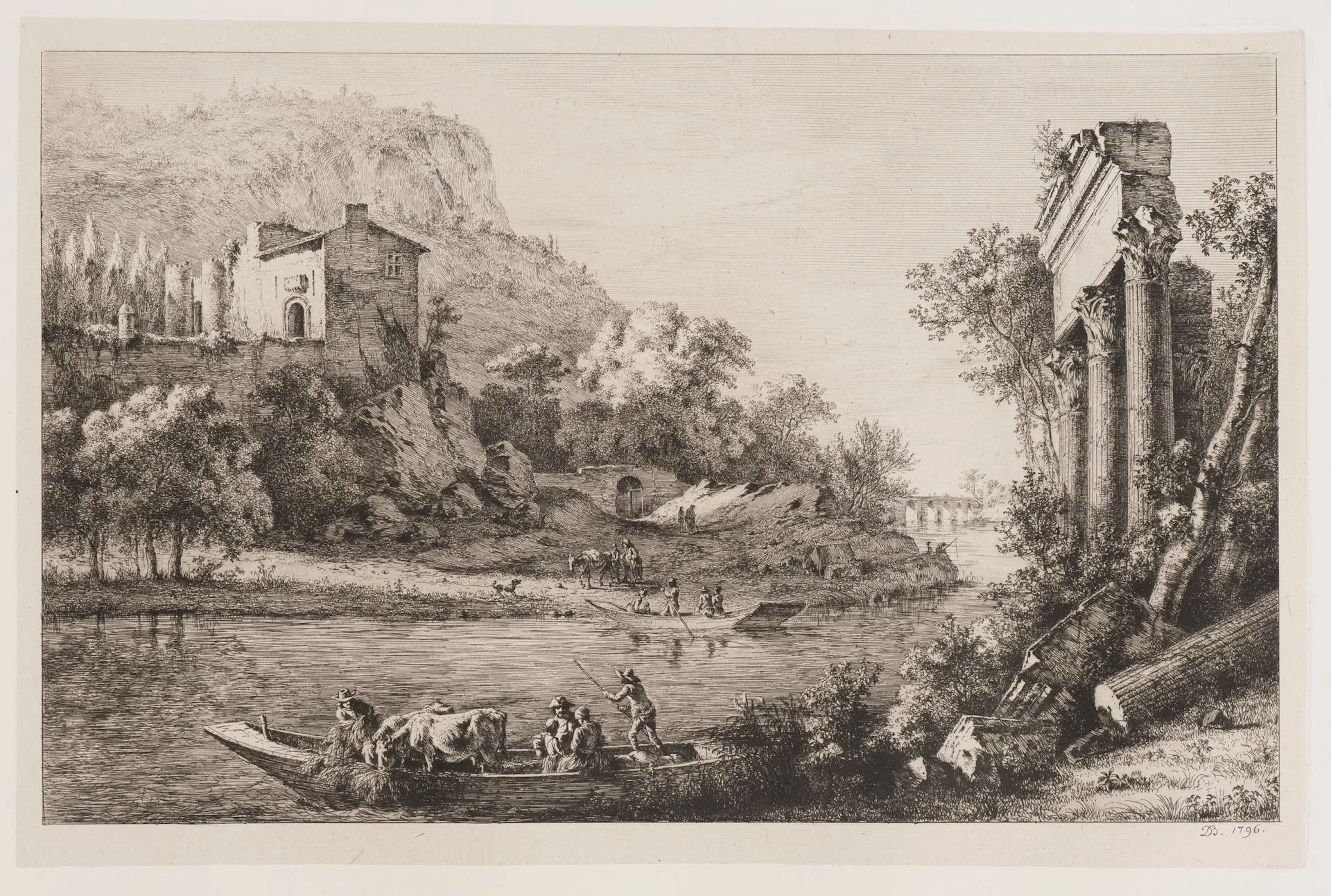 J. BOISSIEU (1736–1810), River Ferries at an Ancient Ruin, 1796, Etching