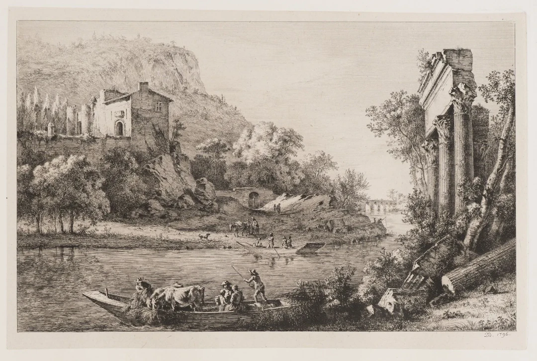 J. BOISSIEU (1736–1810), River Ferries at an Ancient Ruin, 1796, Etching