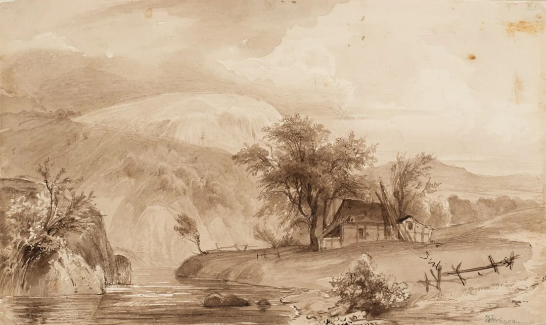 E. WICHURA (1815–1843), Landscape with a Cottage by the River, circa