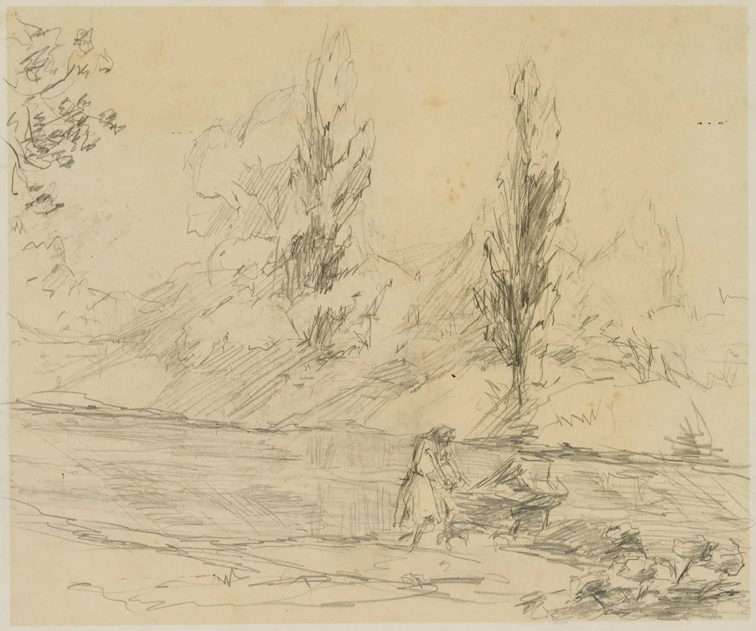 Unknown (19th century), Landscape with a Lady and a Pram, Pencil Unknown