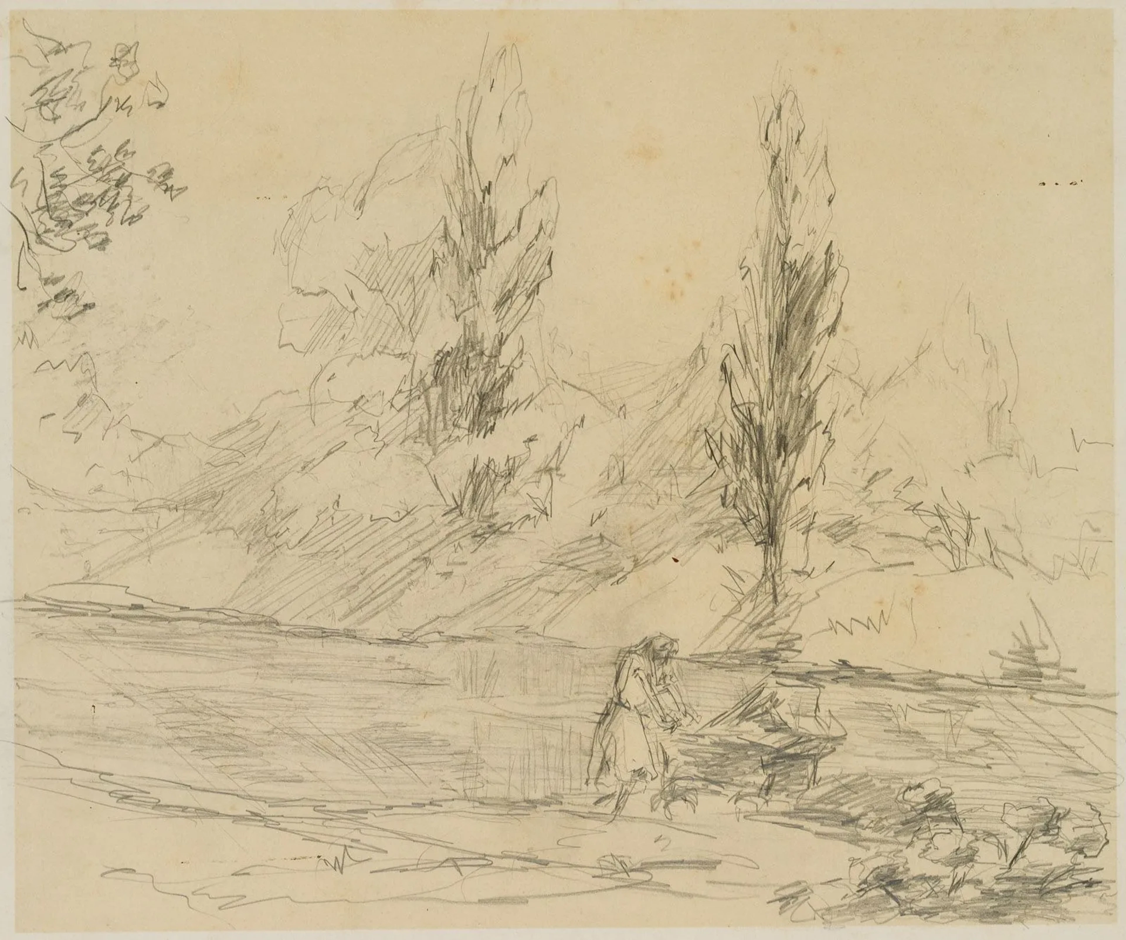 Unknown (19th century), Landscape with a Lady and a Pram, Pencil Unknown