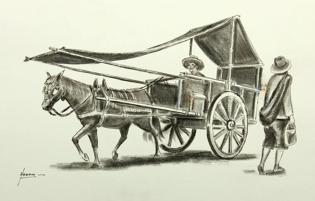 Unknown (20th), Horse-drawn cart with a canopy, brush drawing Unknown