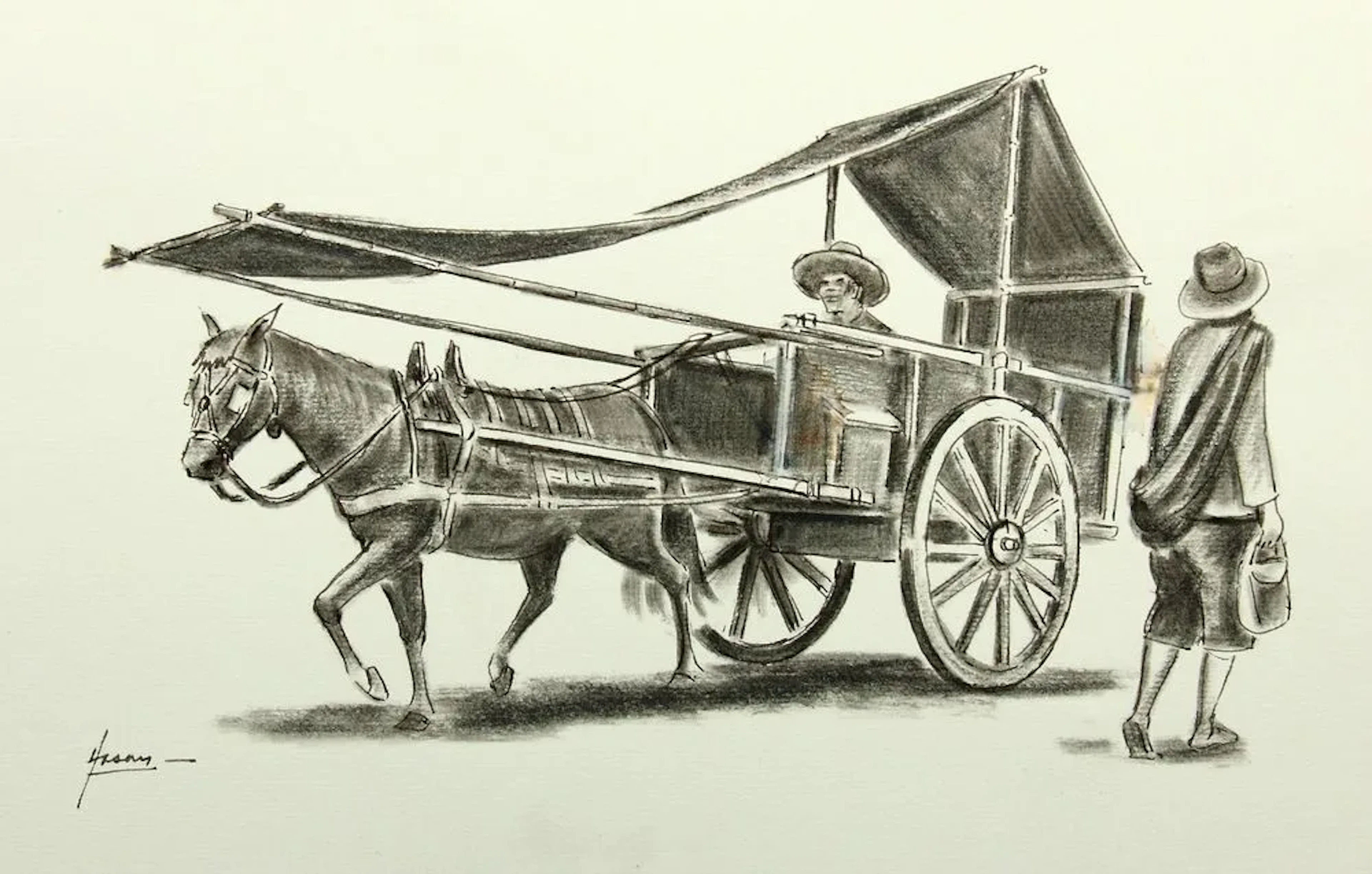 Unknown (20th), Horse-drawn cart with a canopy, brush drawing Unknown