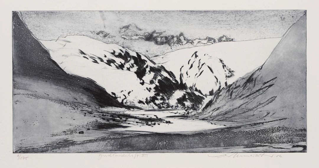 W. WERKMEISTER (*1941), A snow-covered fjord landscape, 1986, aquatint