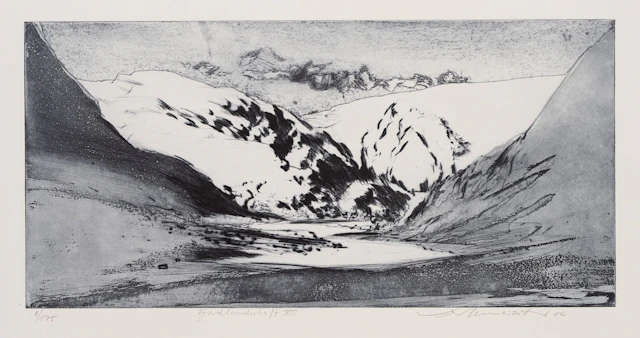 W. WERKMEISTER (*1941), A snow-covered fjord landscape, 1986, aquatint
