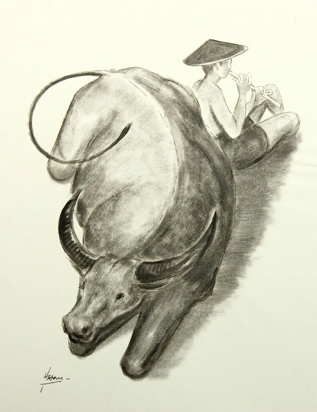Unknown (20th), Boy Playing Music with a Water Buffalo, Brush Drawing