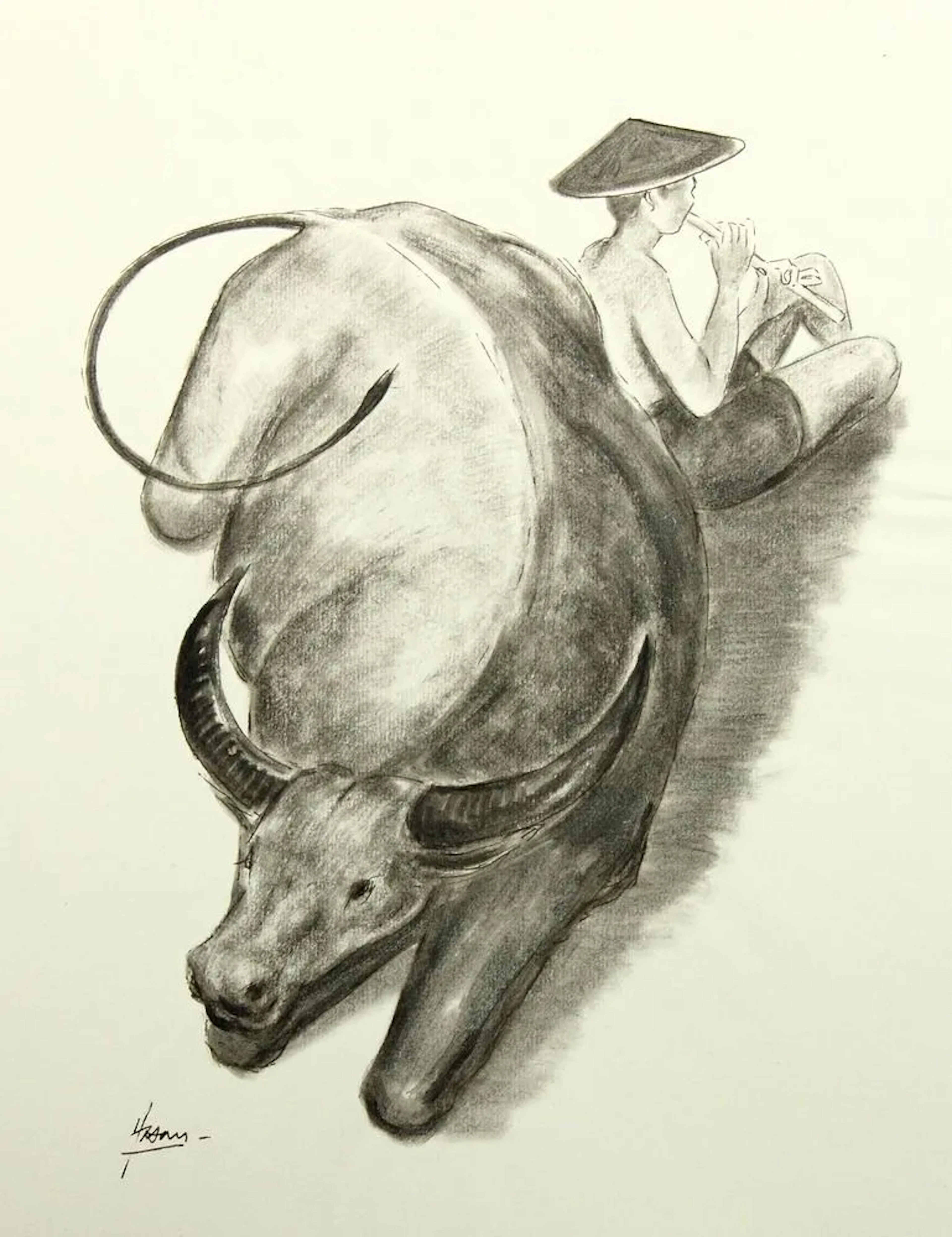 Unknown (20th), Boy Playing Music with a Water Buffalo, Brush Drawing