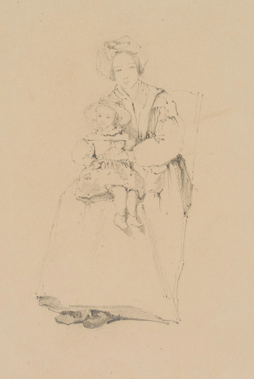 Unknown (19th century), A mother with her child in Sunday best, Pencil