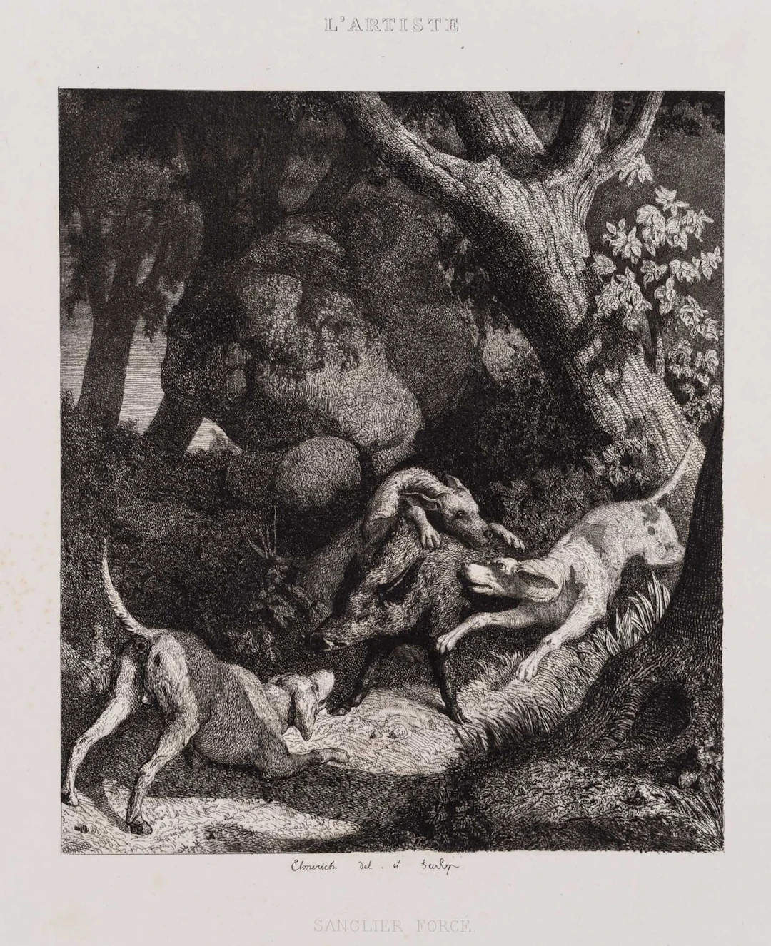 C. ELMERICH (1813–1889), Boar Hunt with Hunting Dogs in the Woods