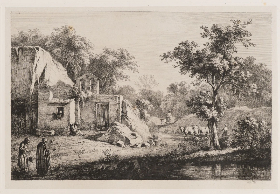 J. BOISSIEU (1736–1810), A Small Abbey by the River, 1793, Etching