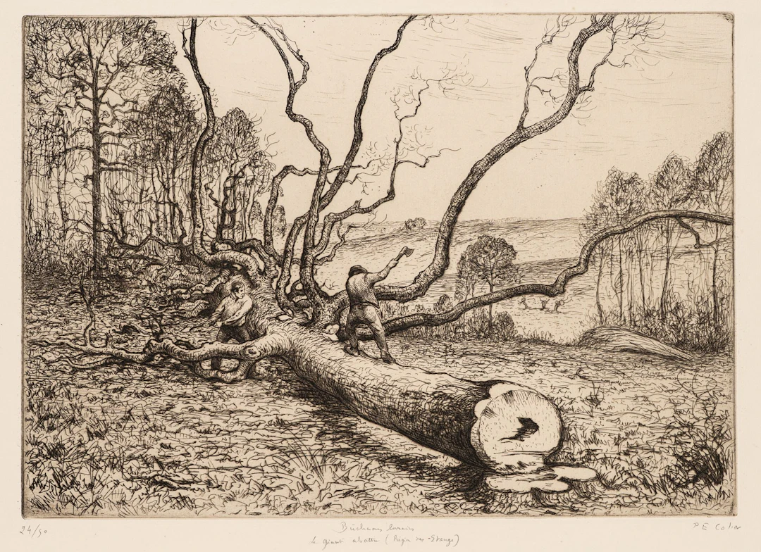 P. COLIN (1867–1949), Lumberjacks in the Forest, ca. 1910, etching