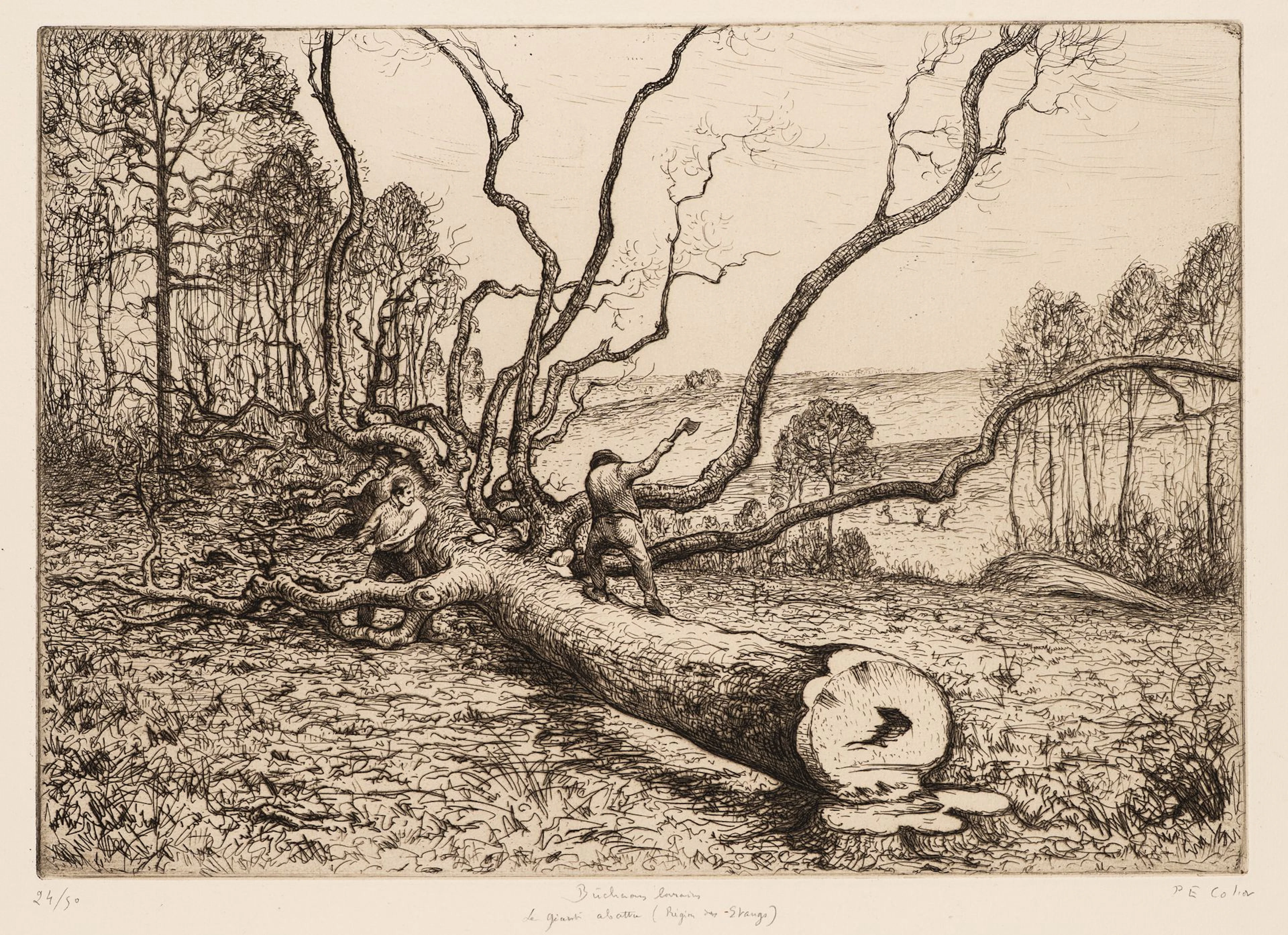P. COLIN (1867–1949), Lumberjacks in the Forest, ca. 1910, etching