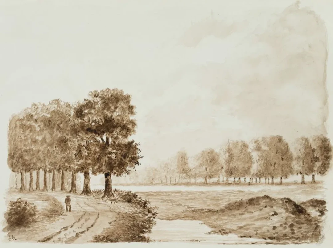 Unknown (19th), Walkers along the Avenue, Brush Drawing Unknown (19th