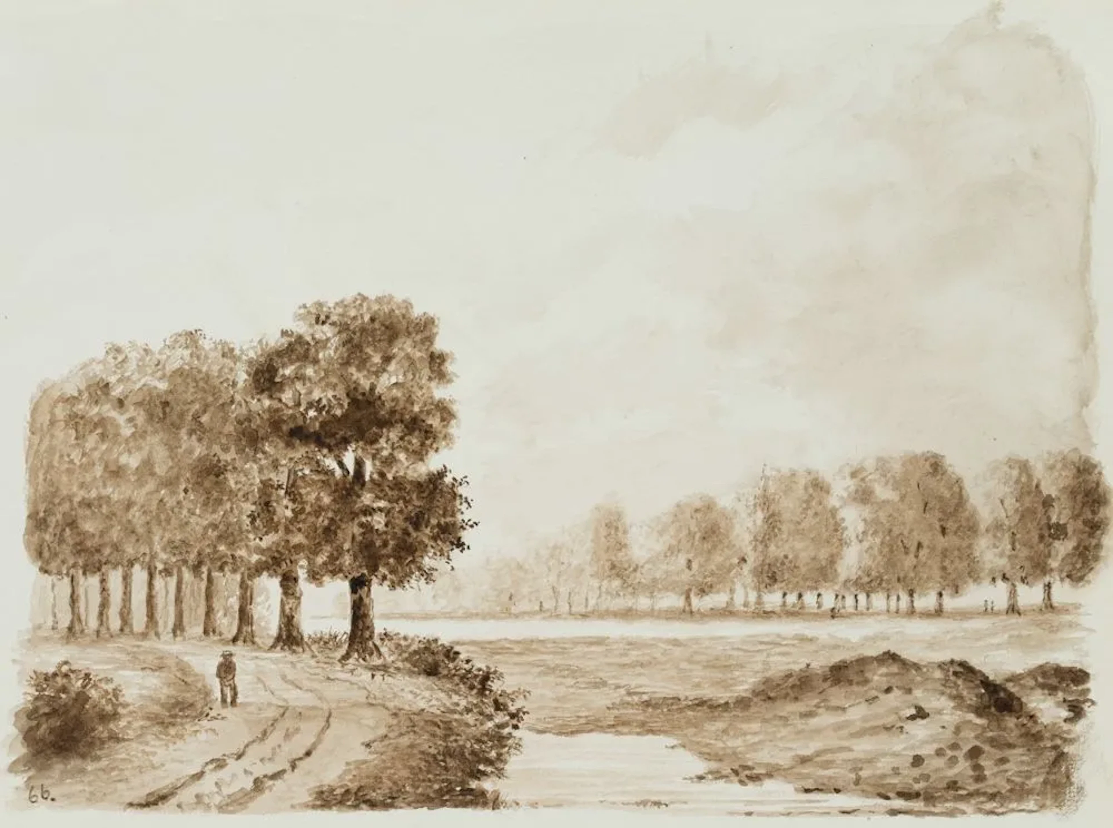 Unknown (19th), Walkers along the Avenue, Brush Drawing Unknown (19th