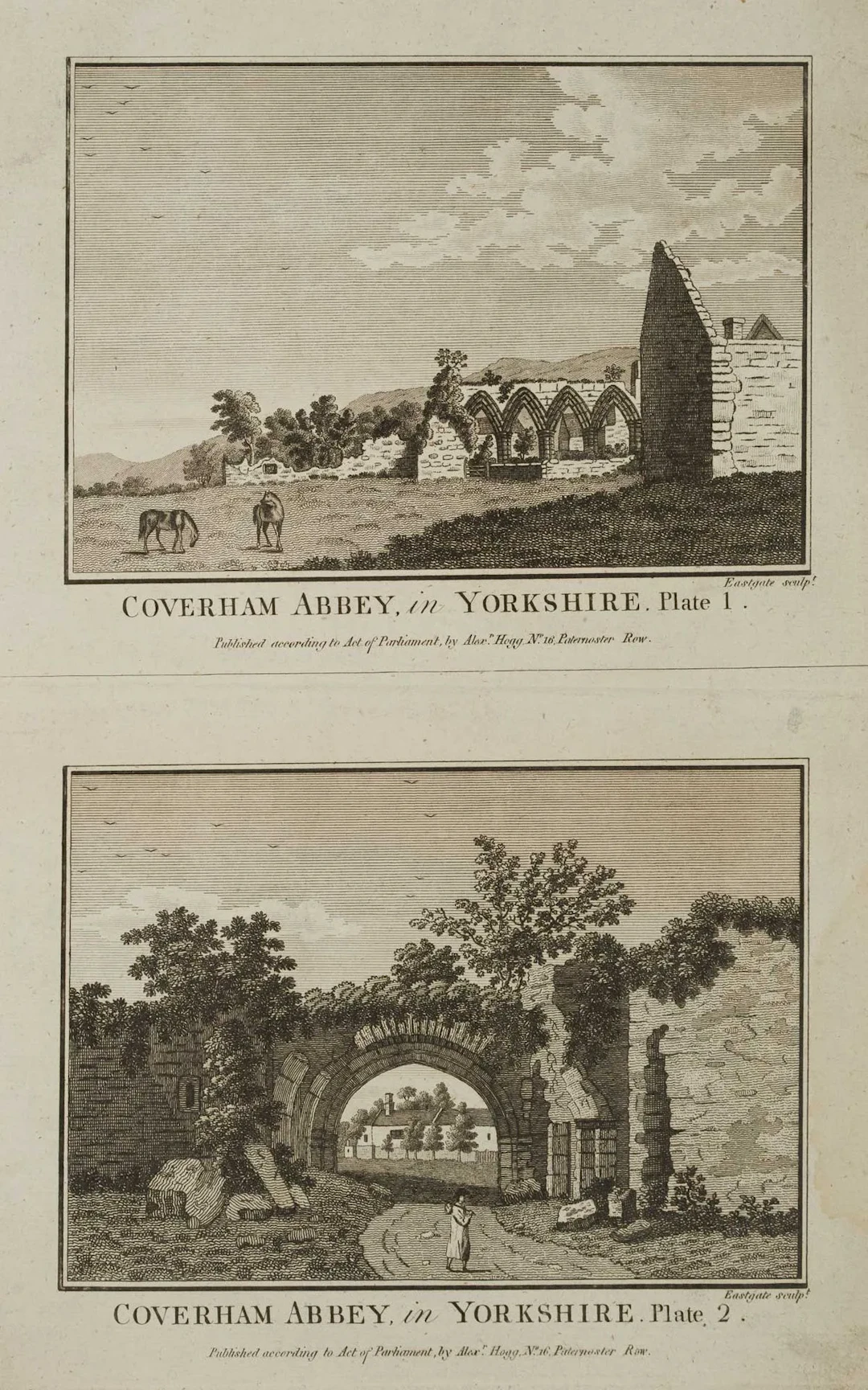 EASTGATE (18th), Coverham Abbey, in Yorkshire, Etching Eastgate (18th