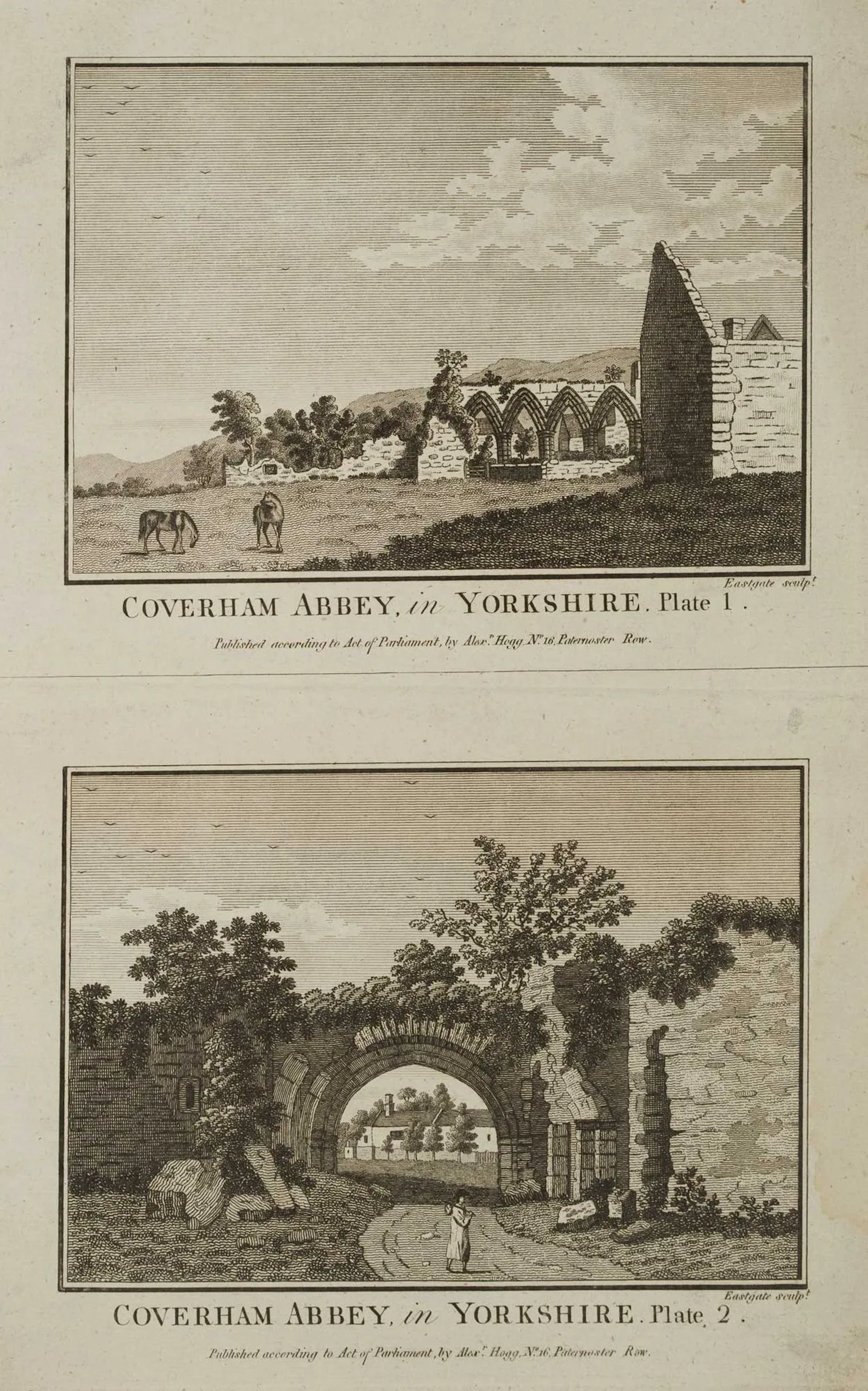 EASTGATE (18th), Coverham Abbey, in Yorkshire, Etching Eastgate (18th