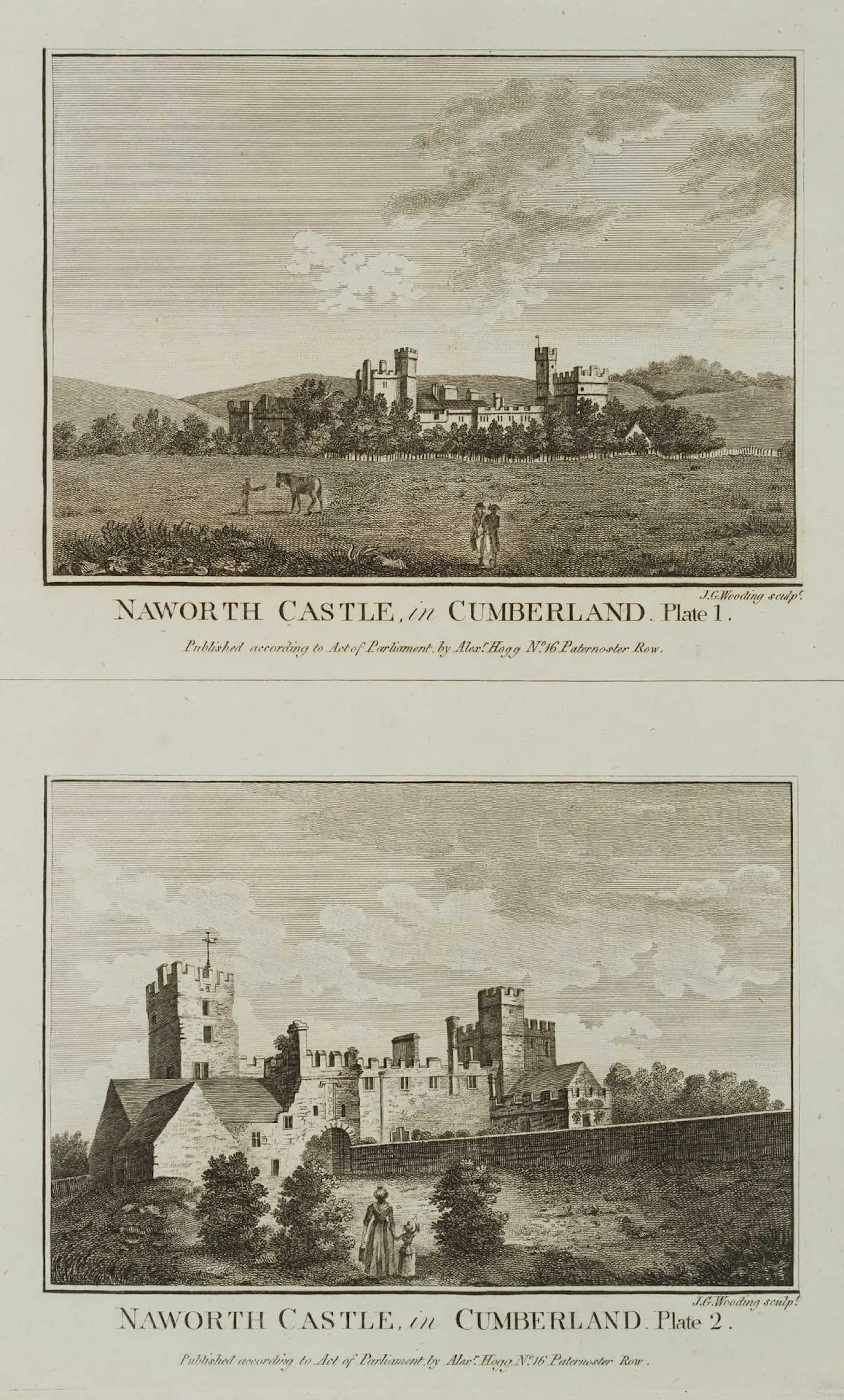 J. WOODING (1788-1790), Naworth Castle, Cumberland, Etching J. Wooding