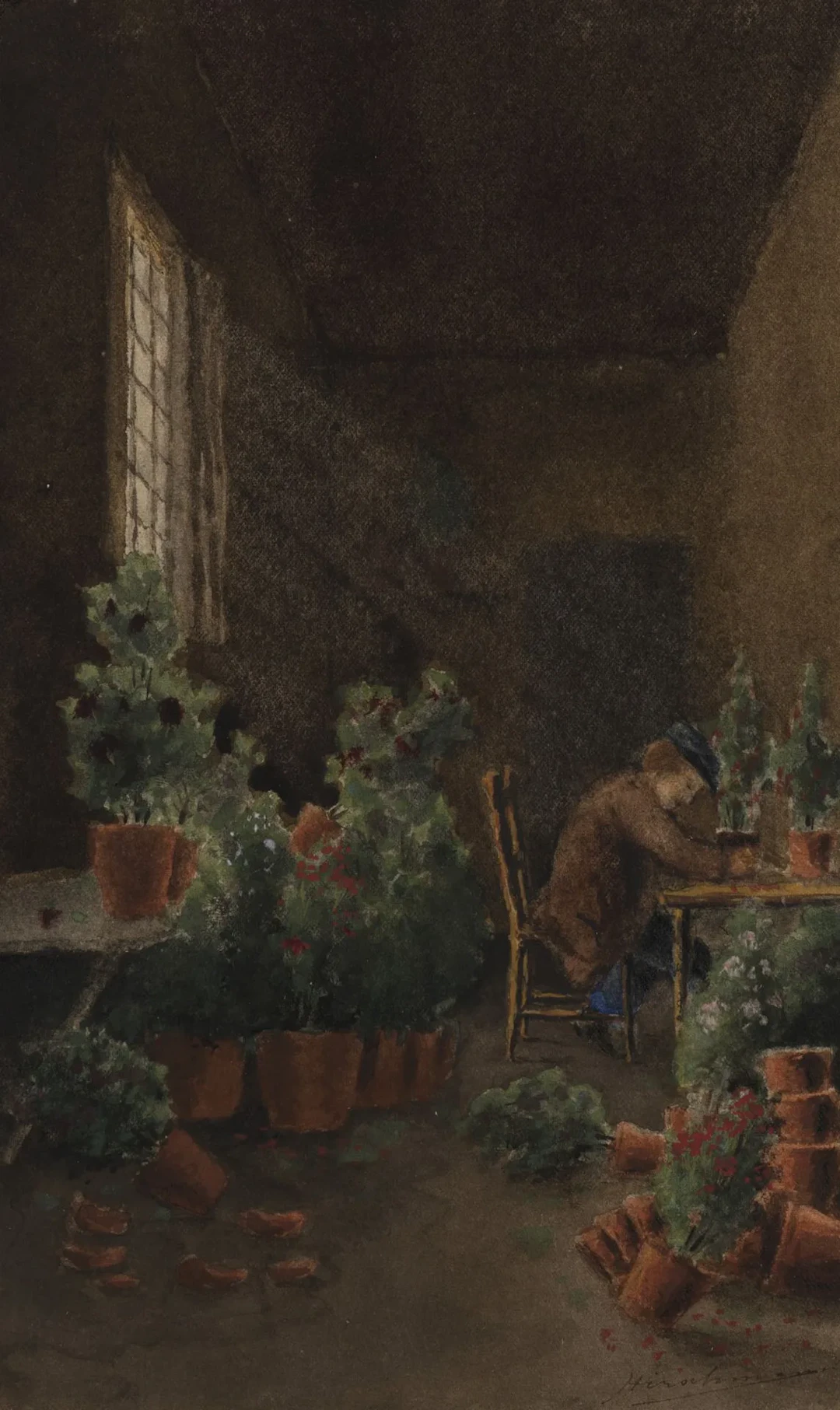 HIRSCHMANN (19th–20th), Man in a Greenhouse, Watercolor Hirschmann