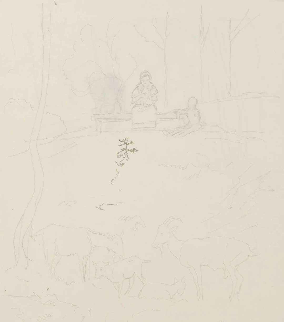 H. THOMA (1839–1924), A Forest Clearing with Figures and Goats, Pencil