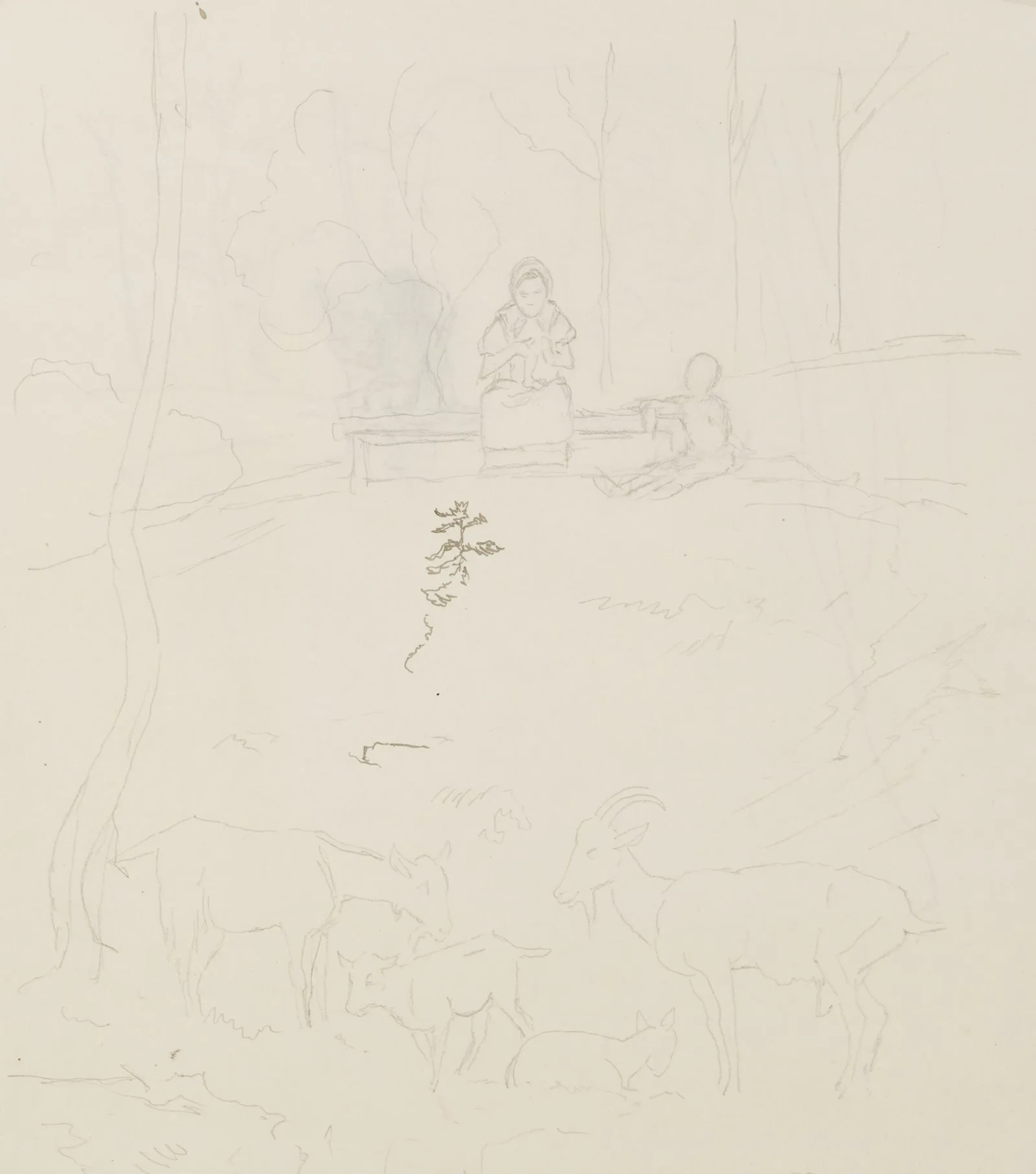 H. THOMA (1839–1924), A Forest Clearing with Figures and Goats, Pencil