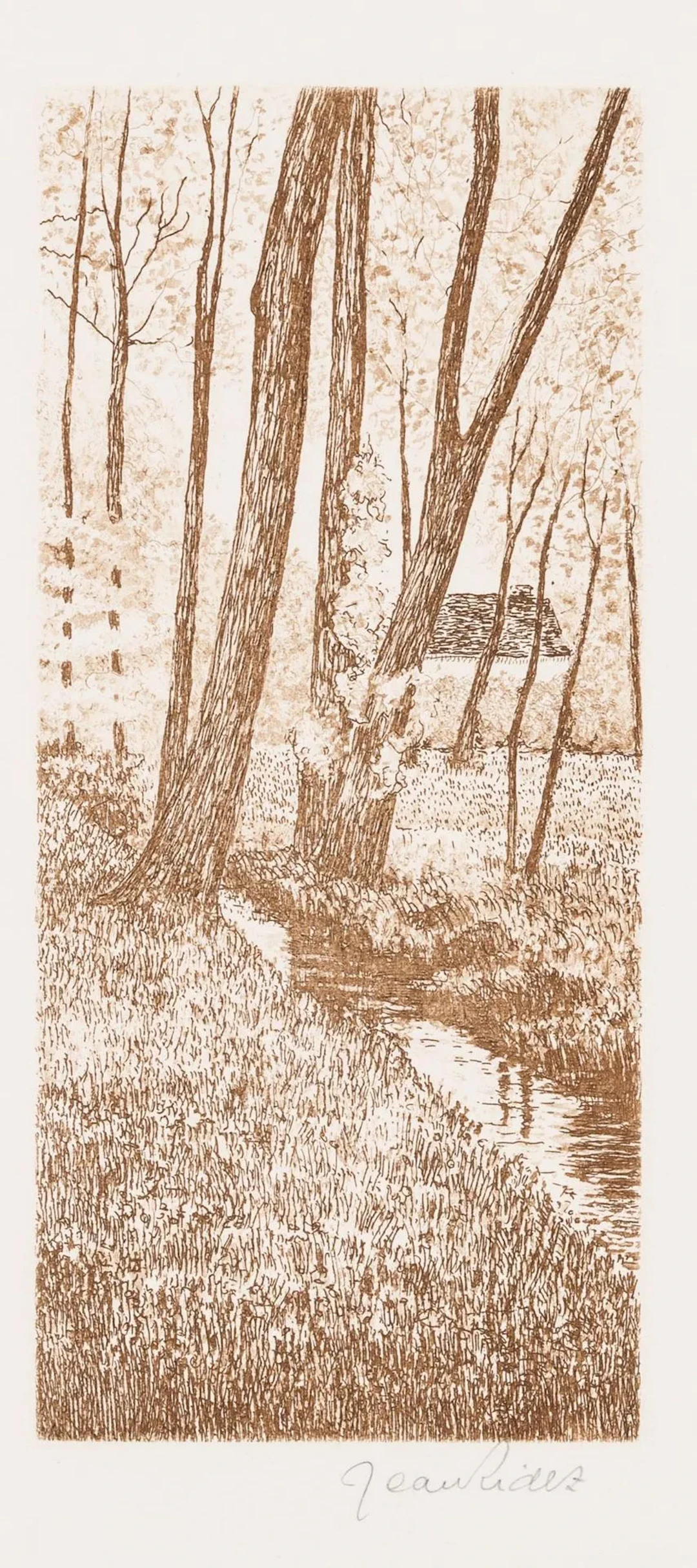 J. RIDEZ (20th), The High Forest. Woodland with a Stream and a House