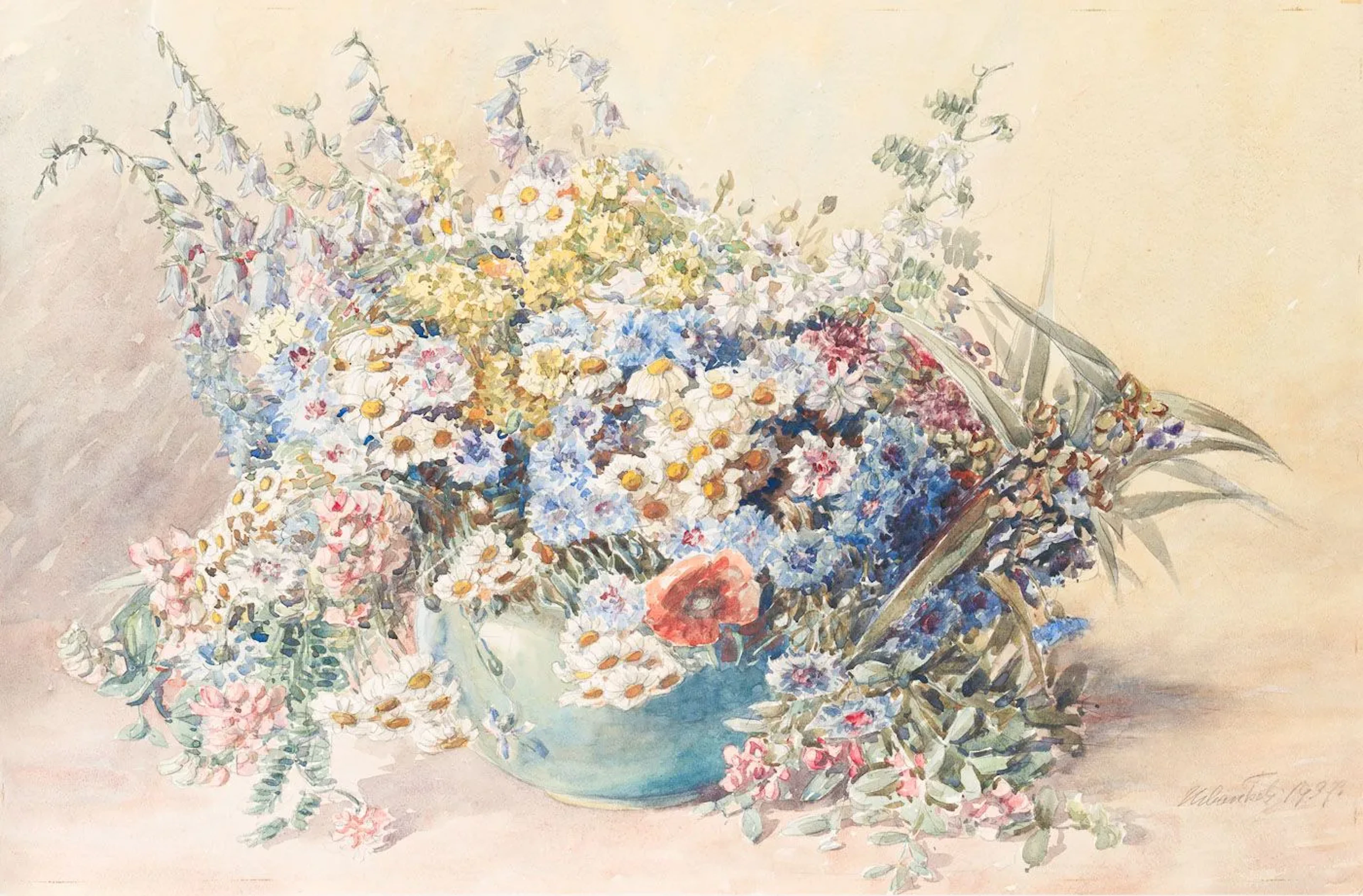 Unknown (20th), Still life with wildflowers in a vase, 1937, Watercolor