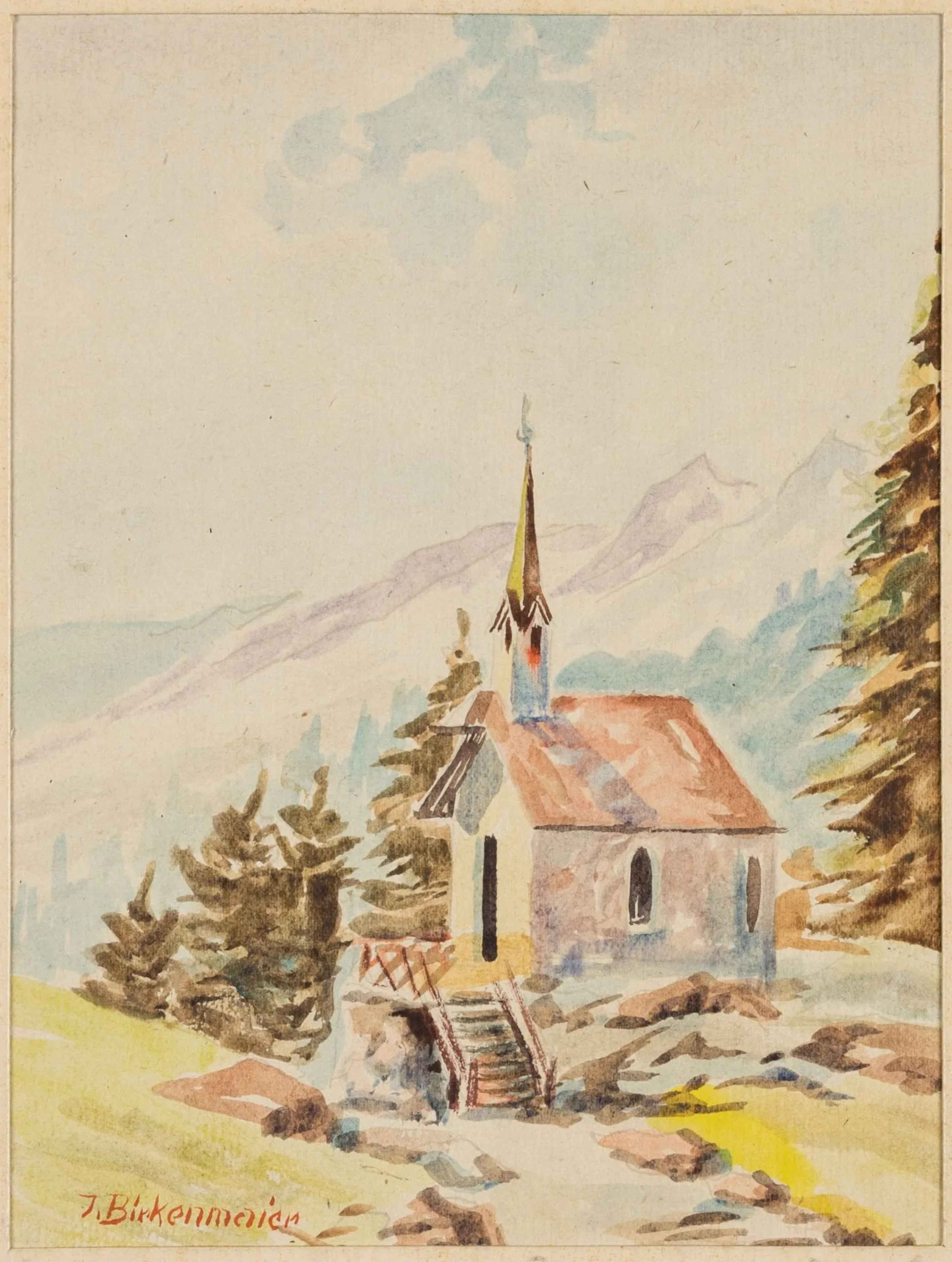 J. BIRKENMAIER (19th), Alpine Landscape with a Chapel, Watercolor