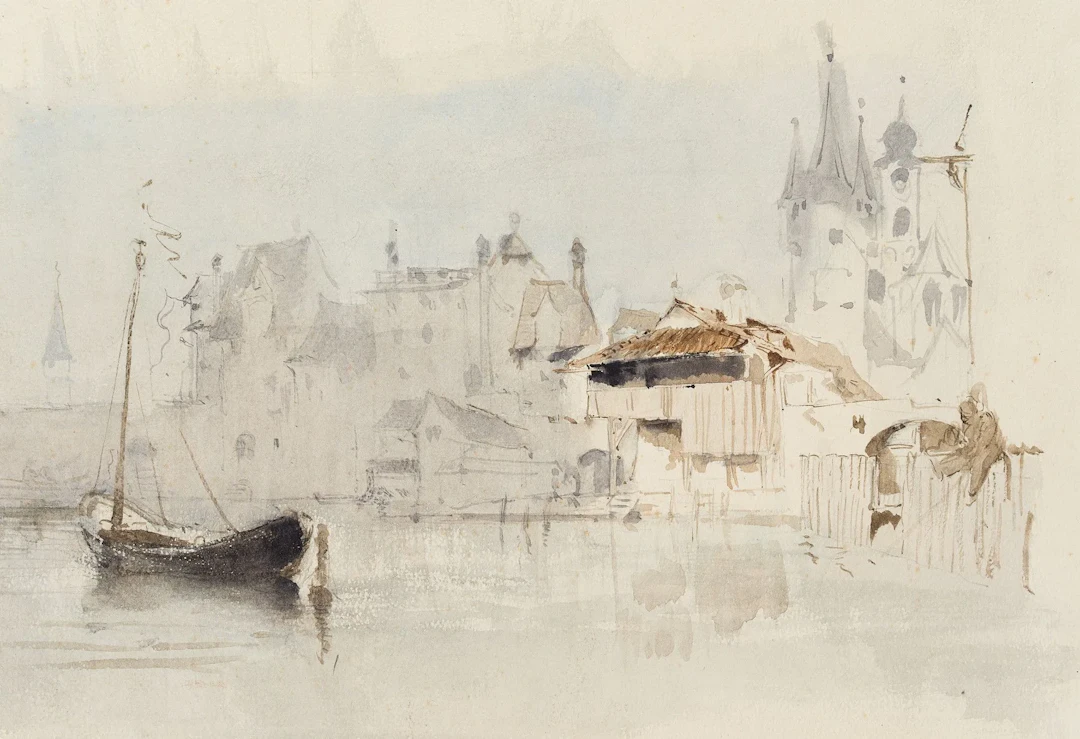 J. SCHARPF (1847–1930), A Town by the River, Brush Drawing Josef Scharpf