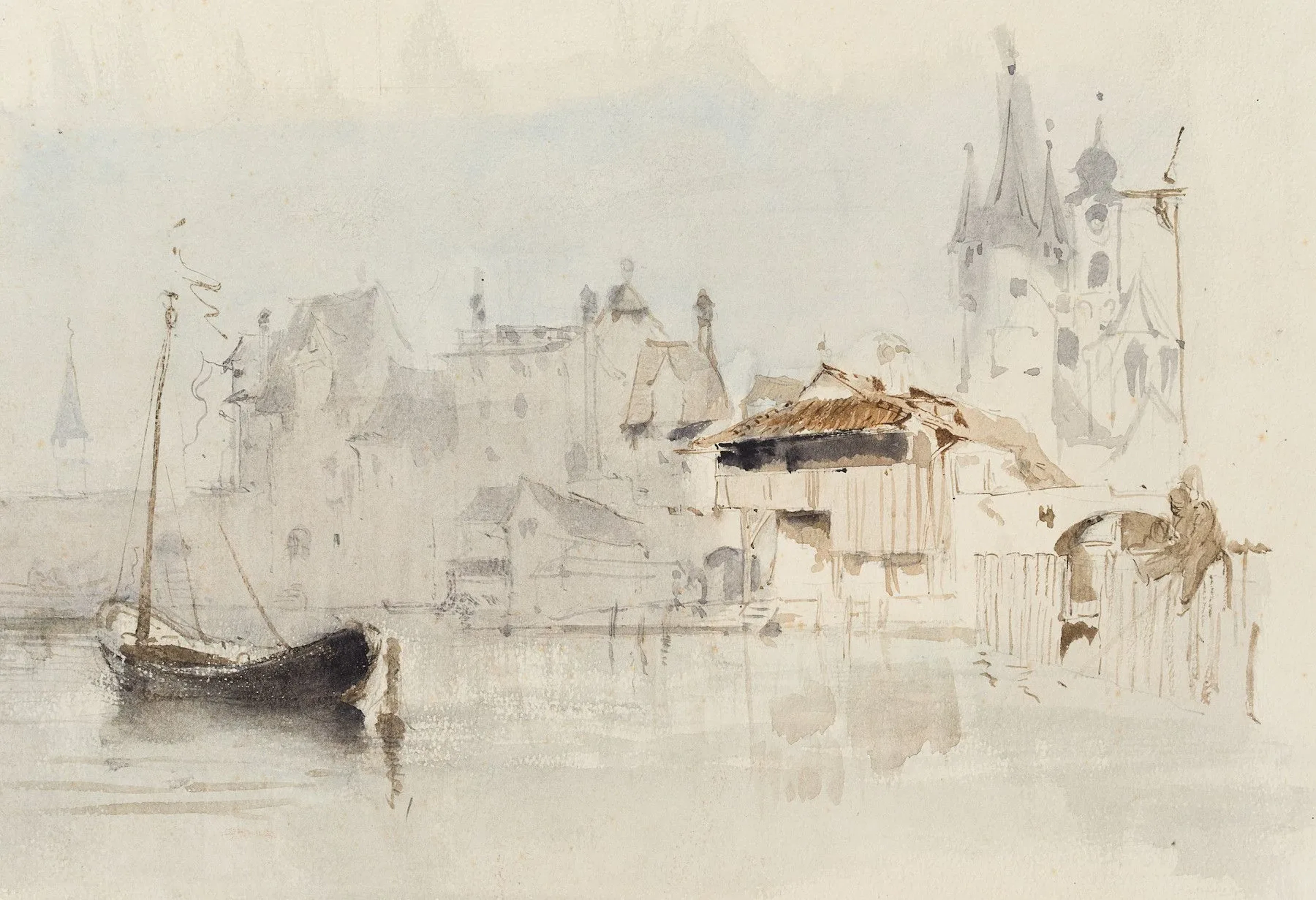 J. SCHARPF (1847–1930), A Town by the River, Brush Drawing Josef Scharpf
