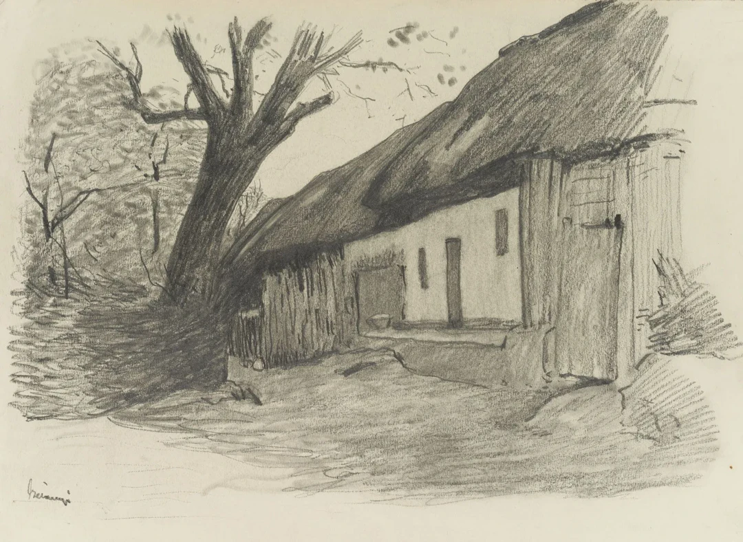 BERANYI (19th), Thatched-roof house and tree, Pencil Beranyi (19th