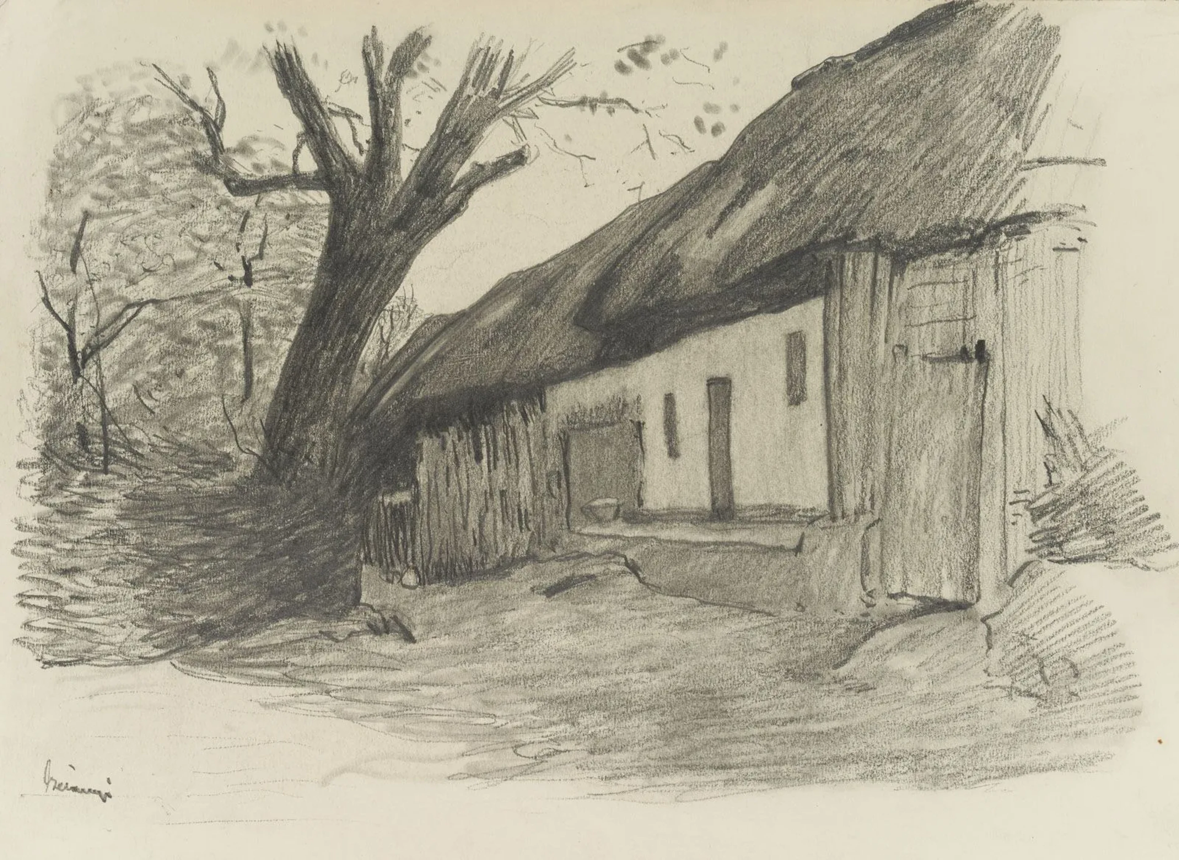 BERANYI (19th), Thatched-roof house and tree, Pencil Beranyi (19th