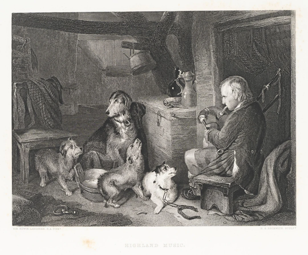 H. BECKWITH (*) after LANDSEER (*1802), Highland Music. Bagpipes with
