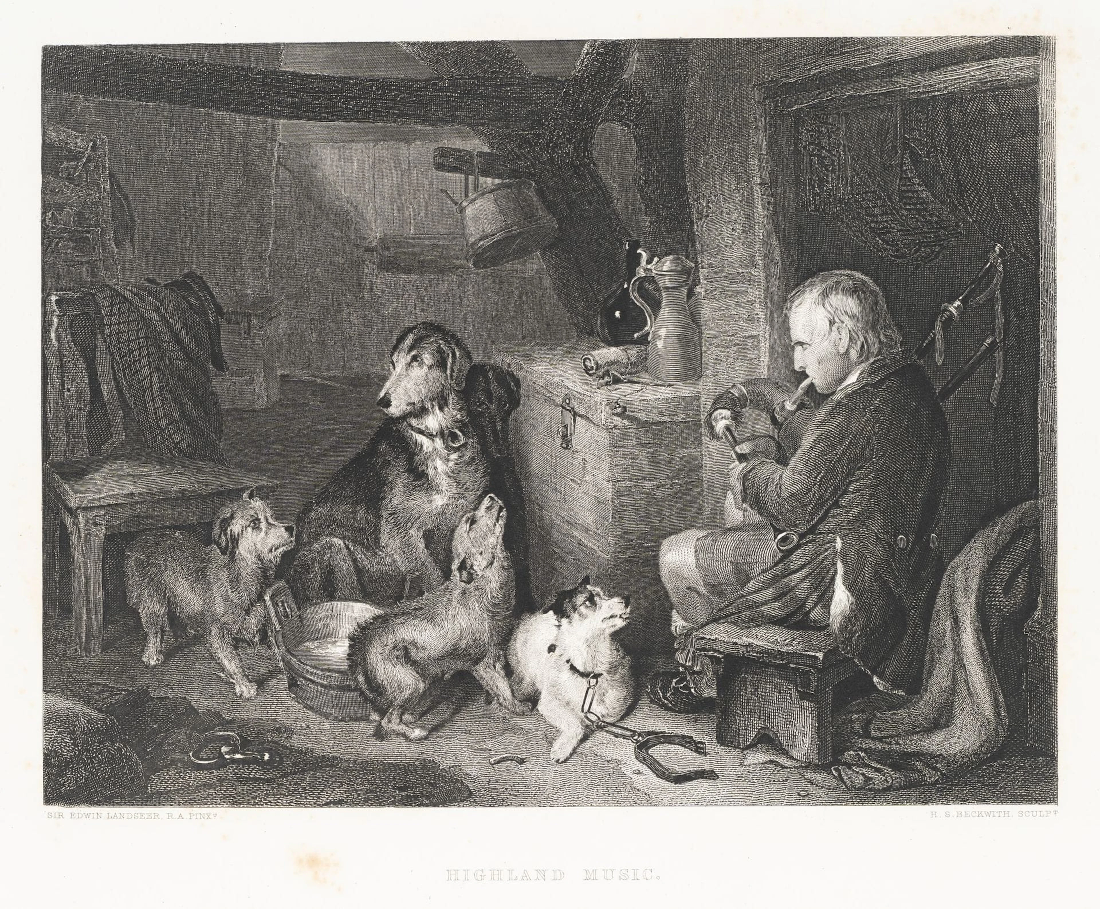 H. BECKWITH (*) after LANDSEER (*1802), Highland Music. Bagpipes with