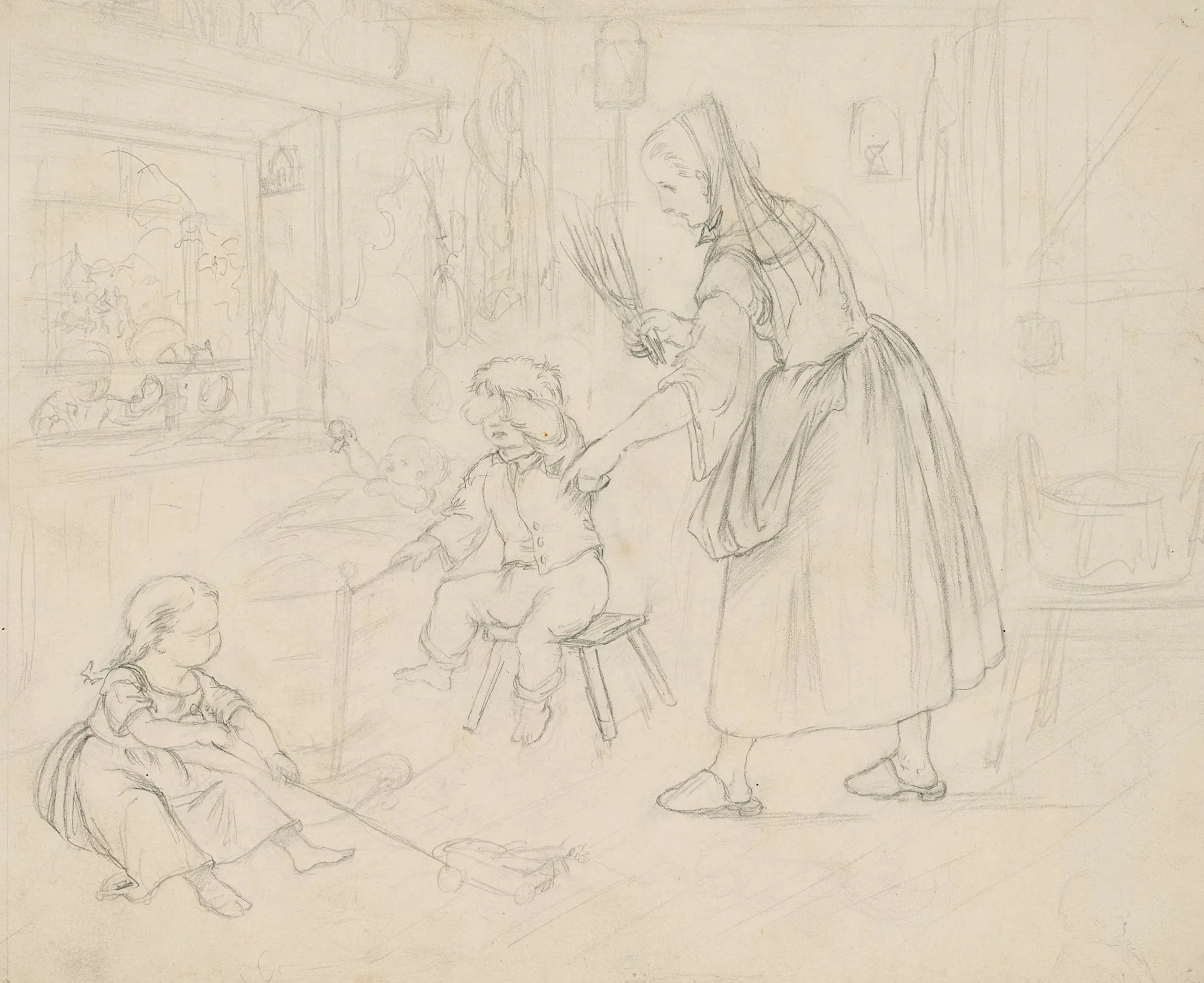 G. MÜLLER (1827–1922), The Telling-off, Pencil Gustav Otto Müller
