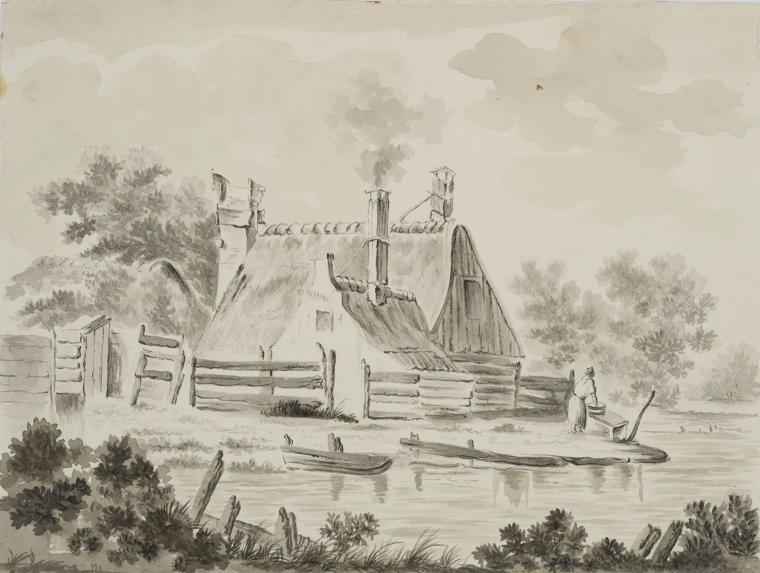 K. HOOG (19th), House by the lake, around 1840, Brush drawing Klaas