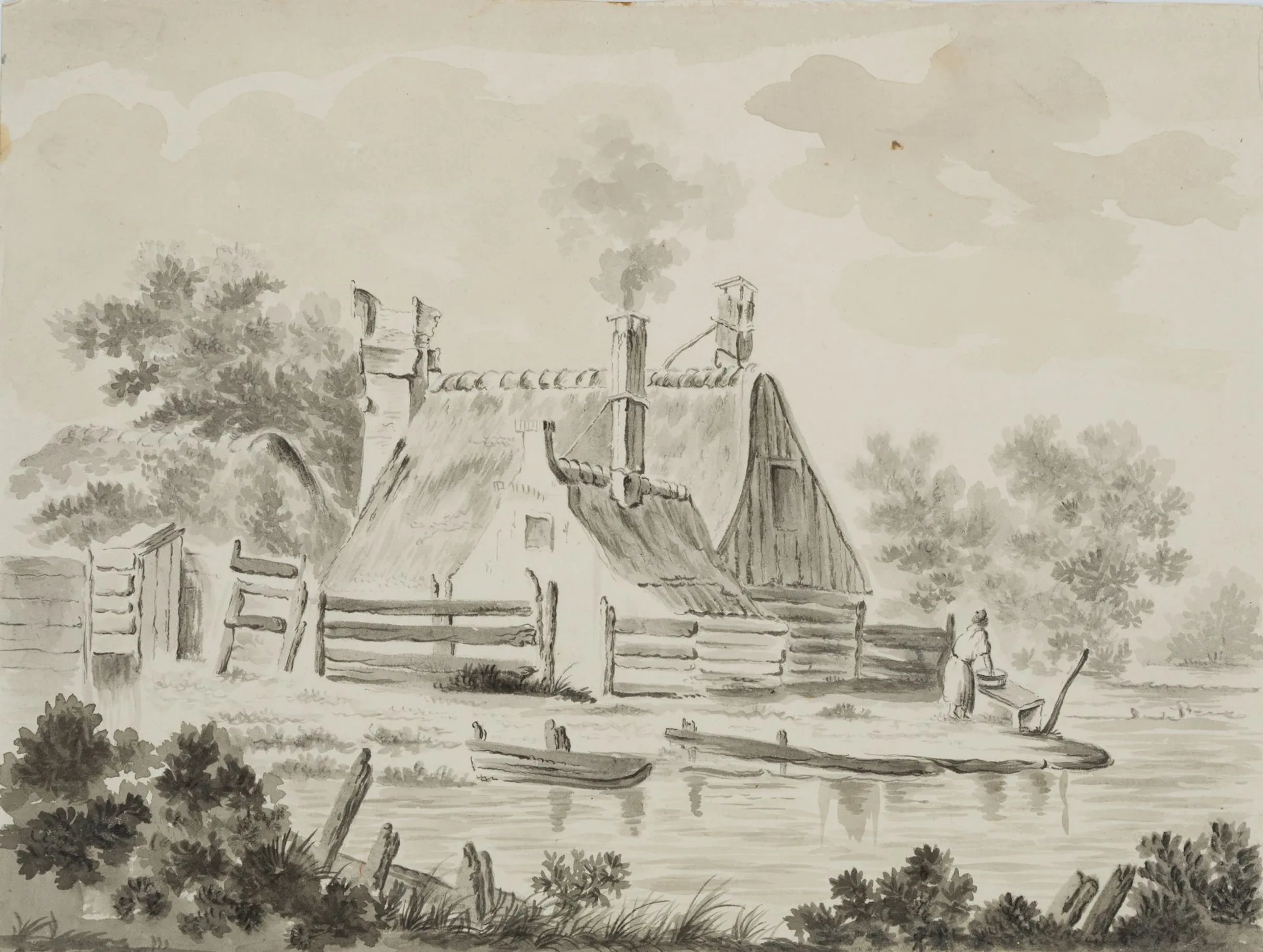 K. HOOG (19th), House by the lake, around 1840, Brush drawing Klaas