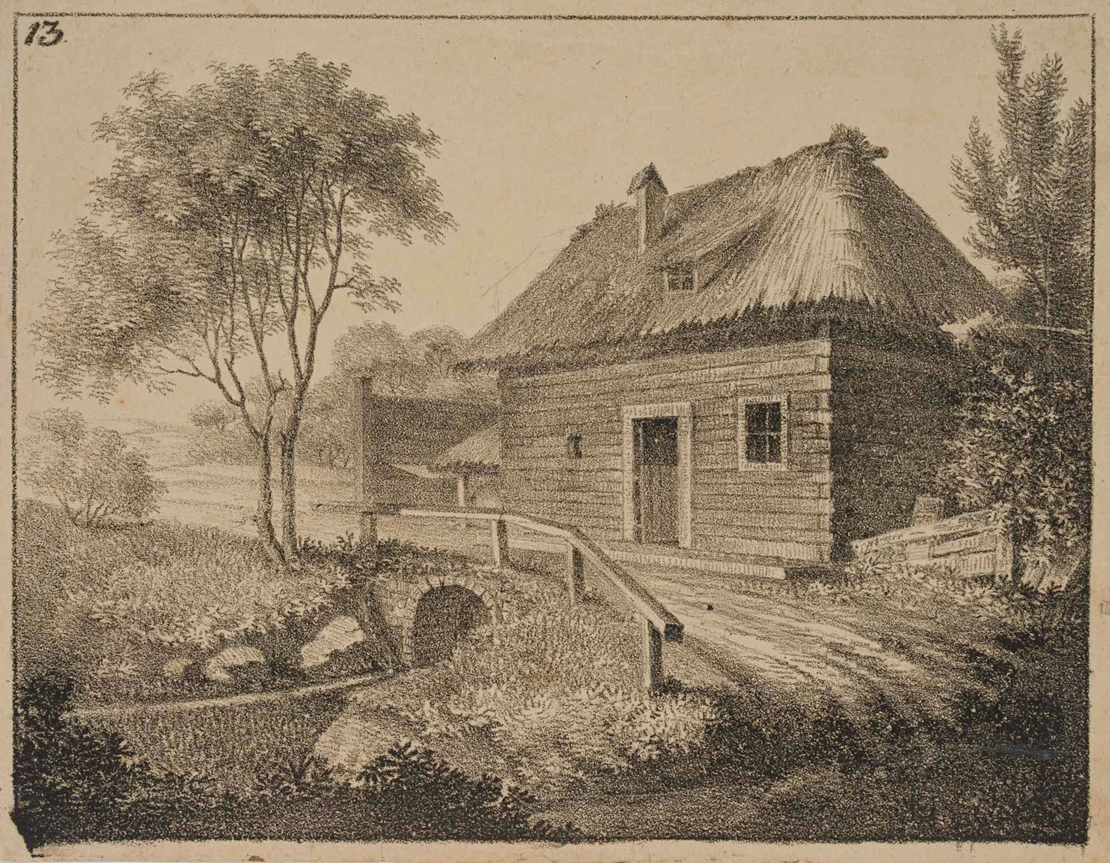 Unknown (19th century), Log Cabin by the Mühlbach, around 1810, Lithography