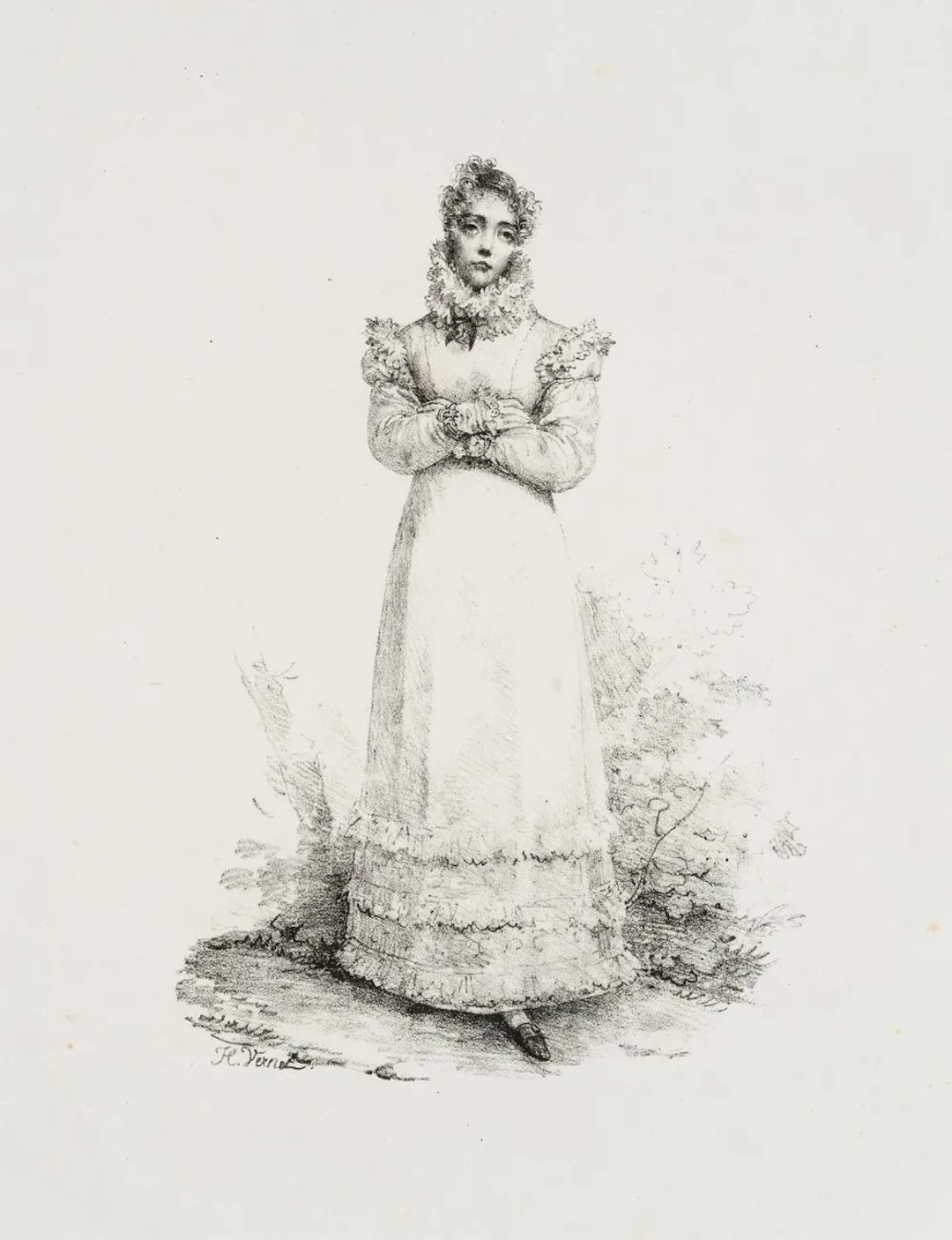 H. VERNET (1789-1863), Young lady in a frilly dress, Lithograph Horace