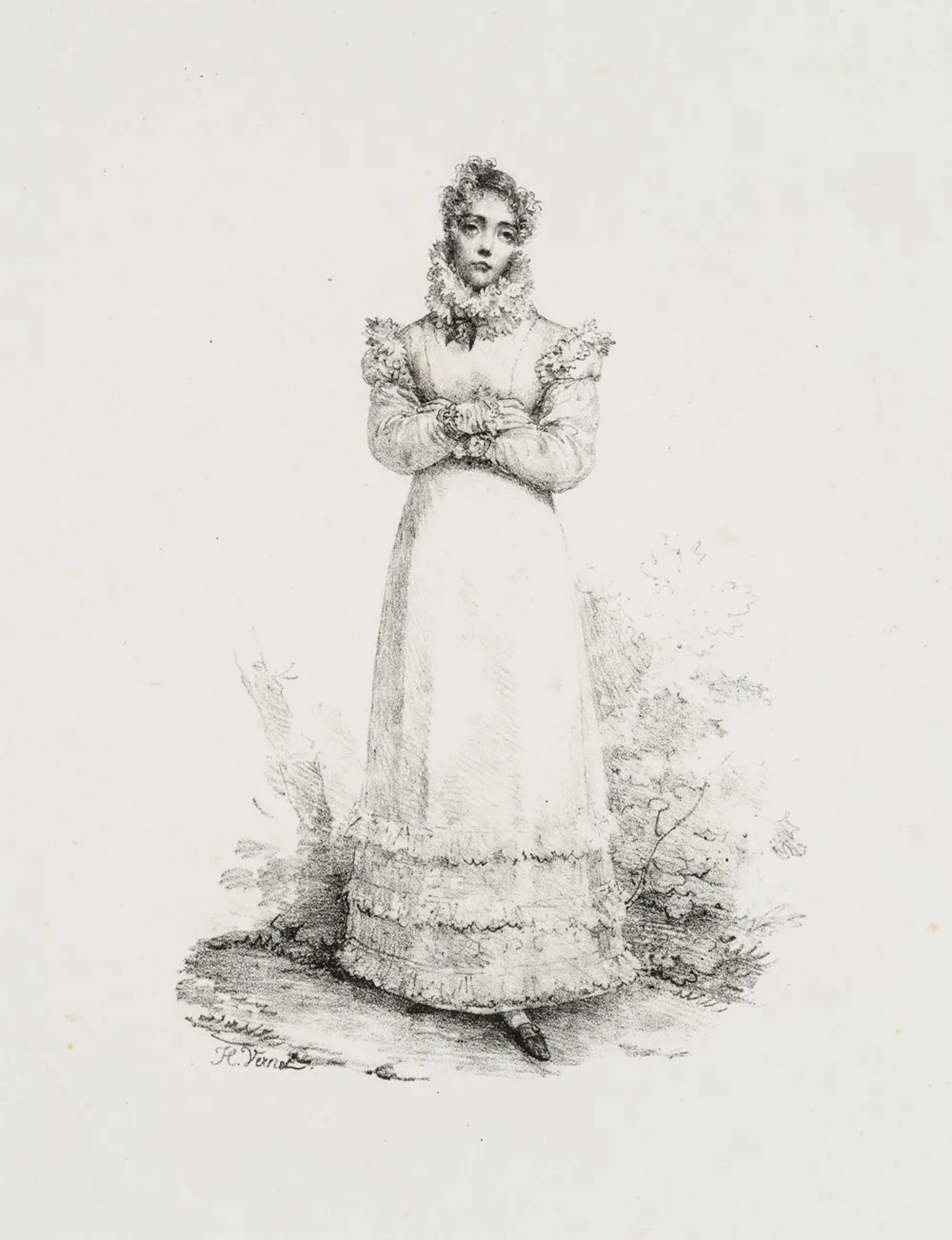 H. VERNET (1789-1863), Young lady in a frilly dress, Lithograph Horace